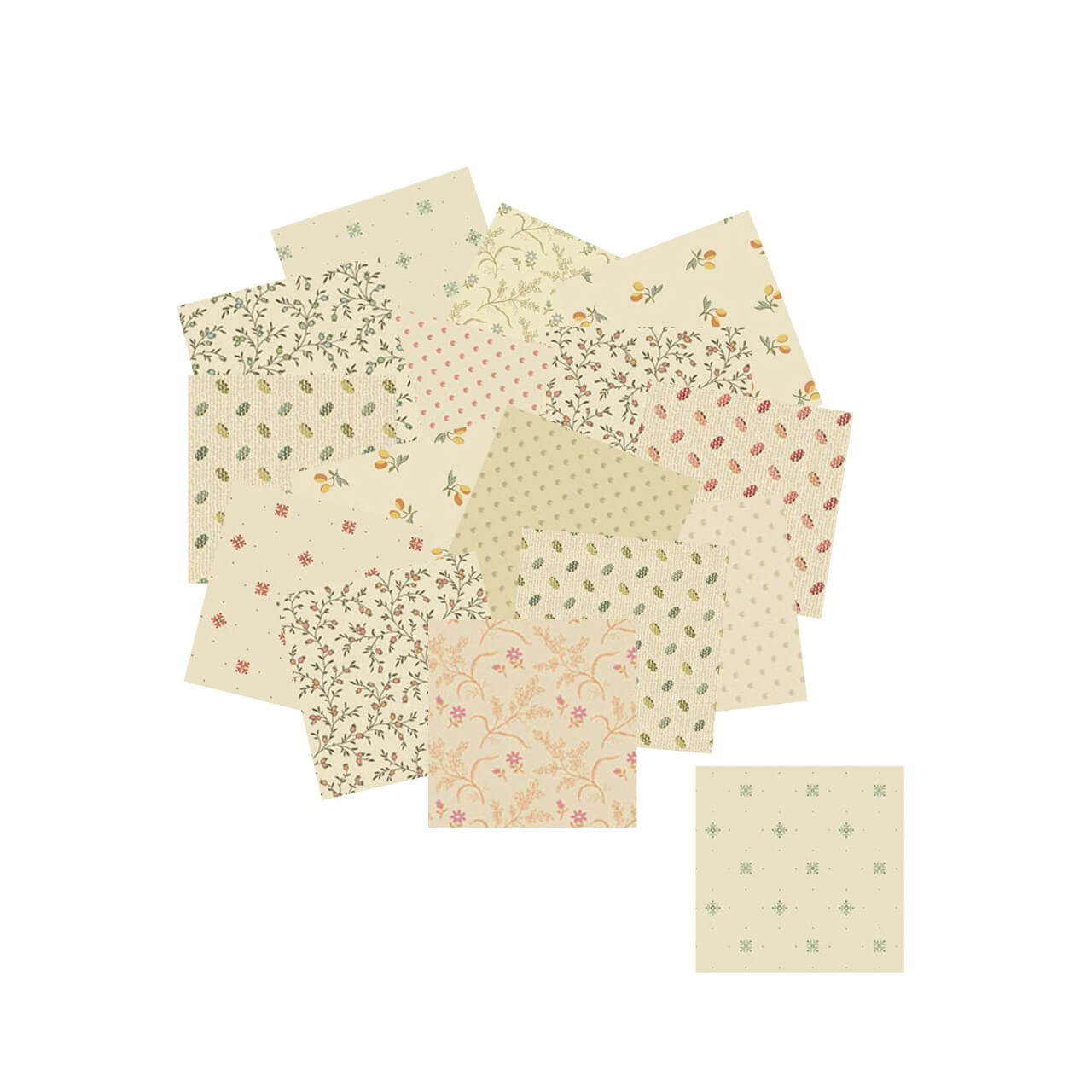 Laundry Line 2.5 inch mini charm pack by Laundry Basket Quilts for Andover Fabrics showing small coordinating quilting squares with delicate floral and geometric prints on soft cream backgrounds.