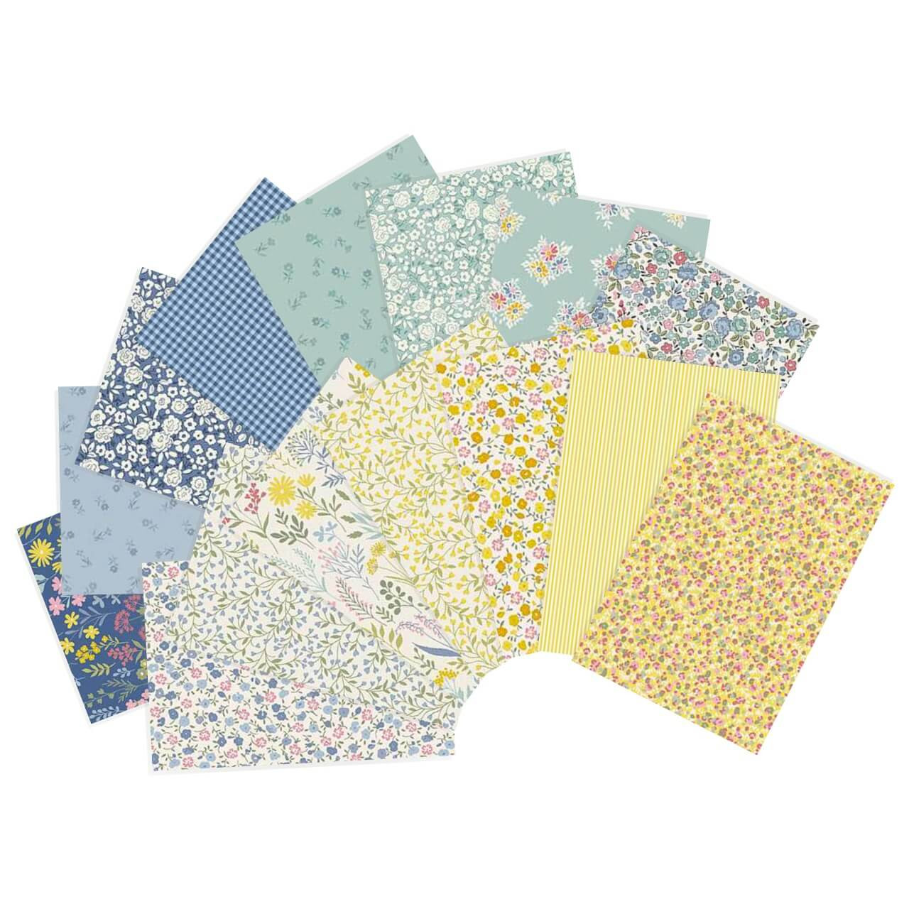 Petite Fleur Bluebell Meadow fat quarter bundle featuring 15 coordinating floral fabrics in blue, teal, cream and yellow tones by Makower UK
