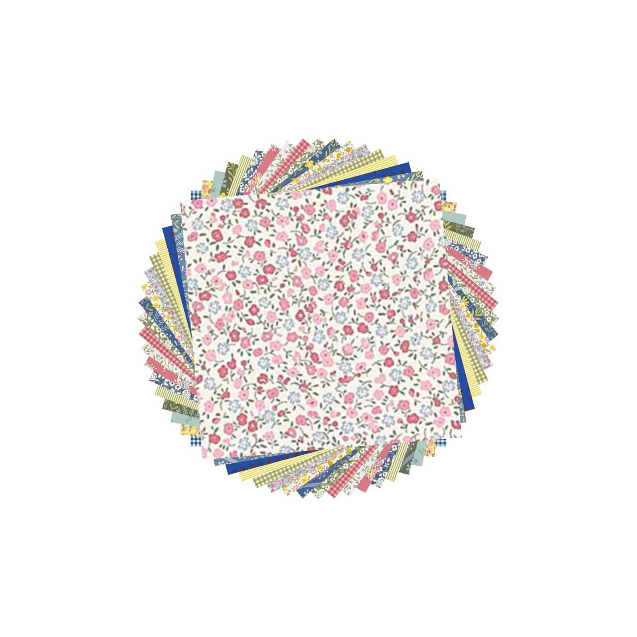 Petite Fleur charm pack with 60 five inch squares featuring coordinating floral fabrics from Makower UK