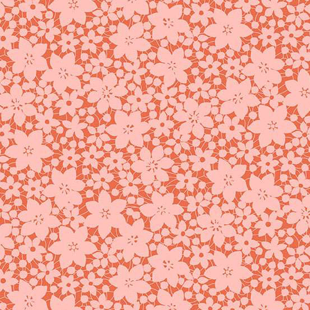 Andover Fabrics Color Me Whispered Laced Blooms Salmon cotton fabric with pale pink flowers on a coral background