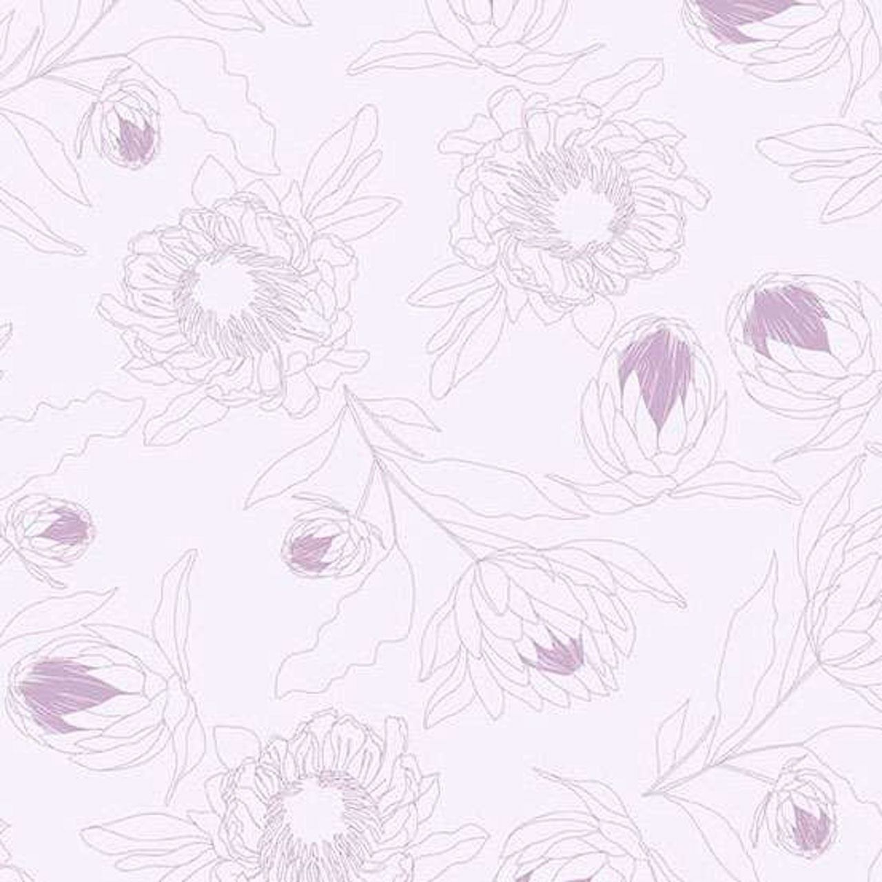 Andover Fabrics Color Me Whispered Protea Whisper Periwinkle cotton fabric with line-drawn protea flowers and soft purple-blue accents