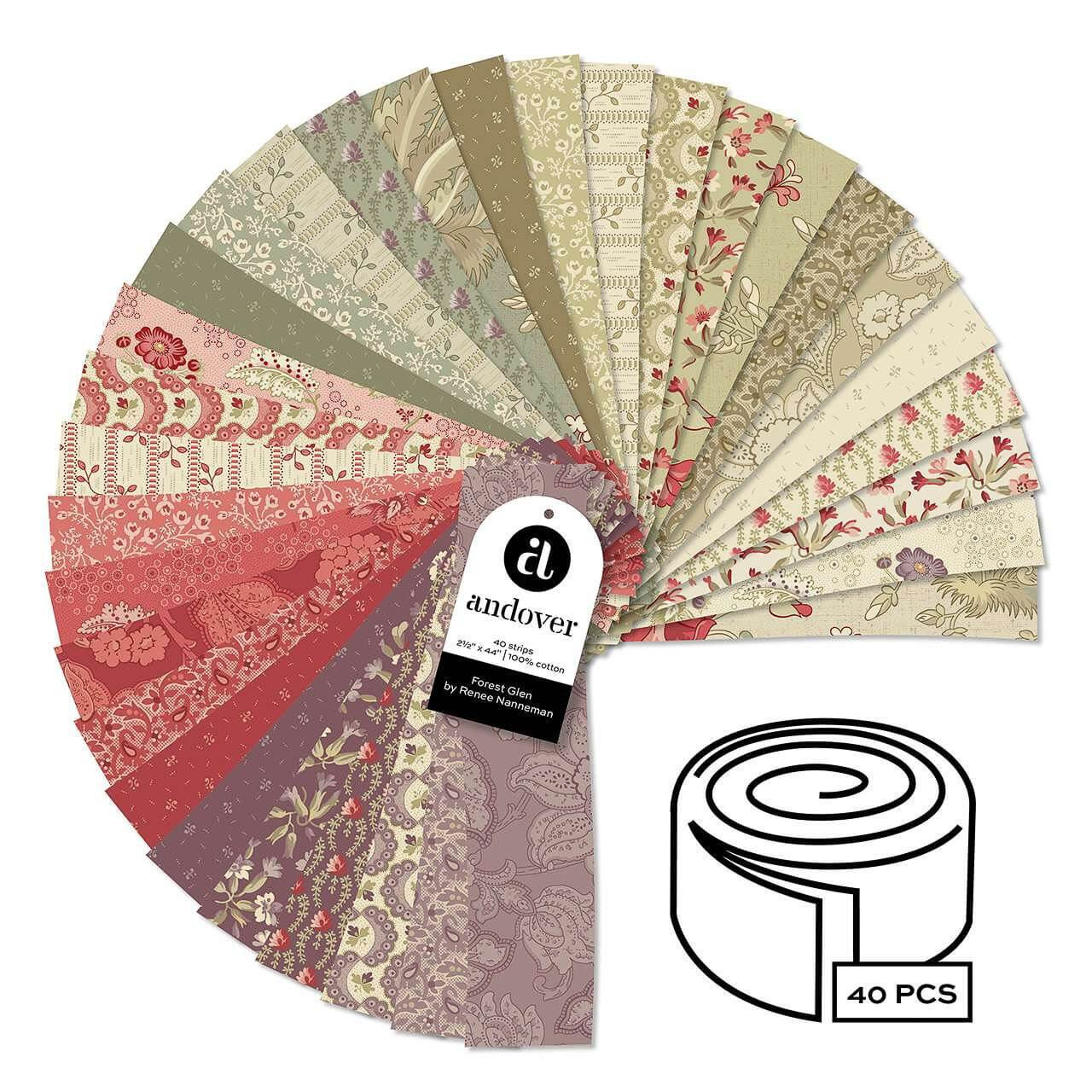 Forest Glen strip roll by Andover Fabrics featuring 40 pre-cut 2.5 inch fabric strips arranged in a fan, showing floral and textured prints in red, sage green, cream and mauve tones