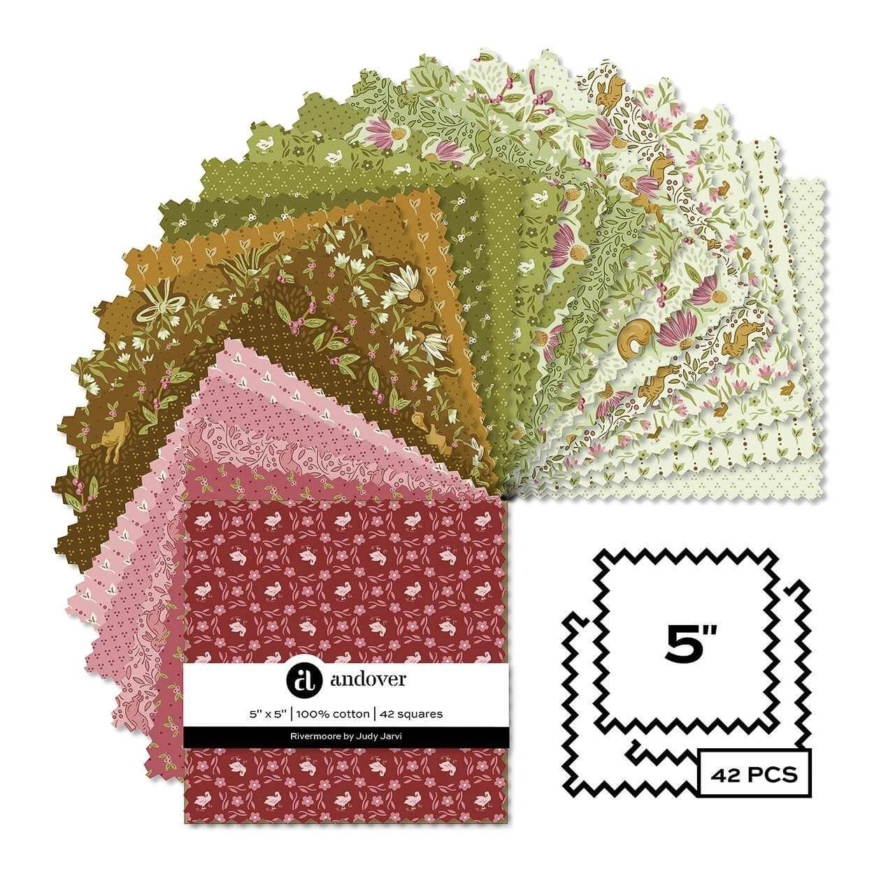 Rivermoore charm pack by Andover Fabrics showing 42 pre-cut 5 inch fabric squares with woodland animals, florals and foliage in green, pink and brown tones