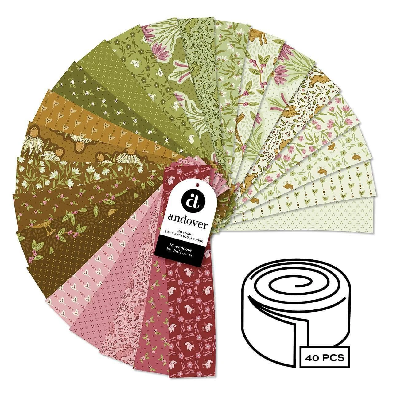 Rivermoore strip roll by Andover Fabrics featuring 40 pre-cut 2.5 inch fabric strips arranged in a fan with woodland prints in green, pink and brown tones