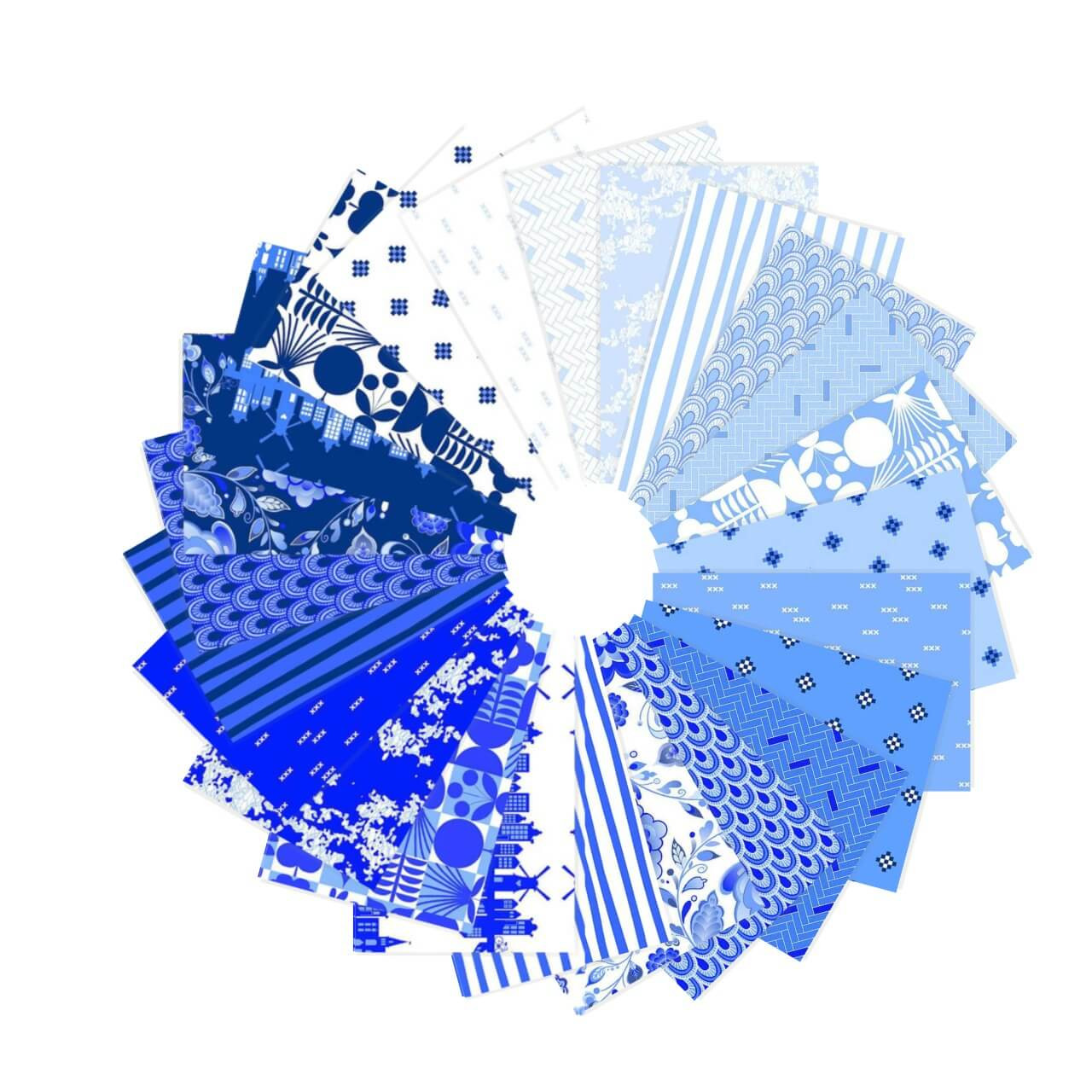 Amsterdam fat quarter bundle with 25 blue and white fabrics arranged in a circular layout featuring geometric, floral, striped and architectural prints.