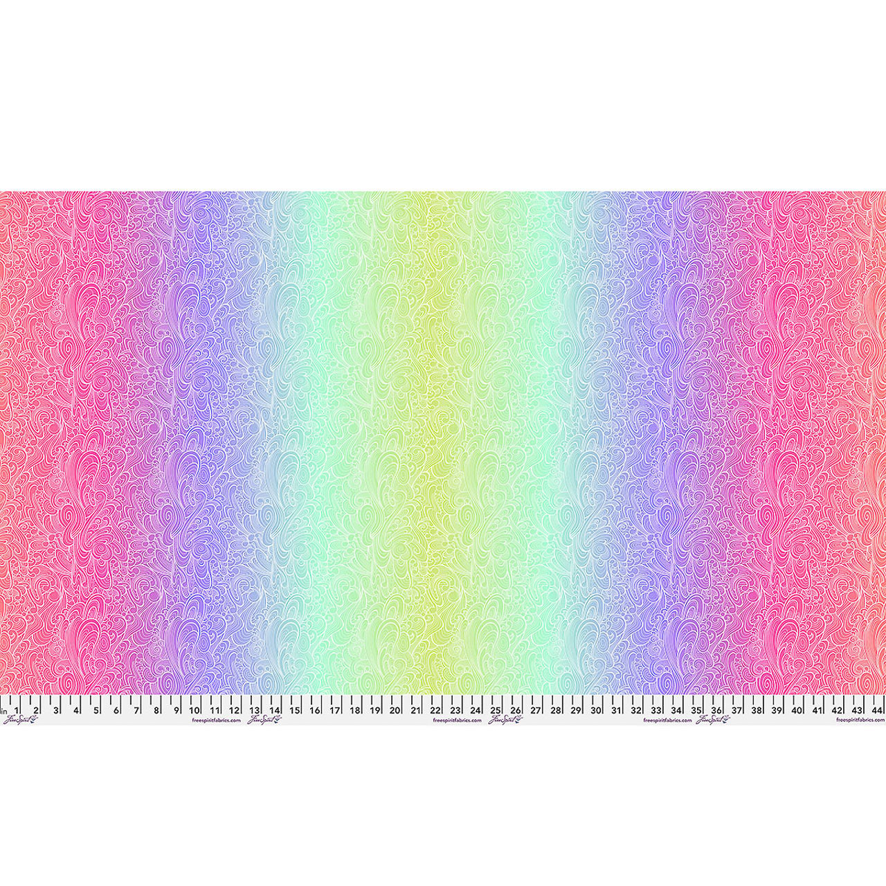 Full Width view of Free Spirit Floral Reef Riptide DeepDive fabric featuring swirling pastel bands in pink, purple, aqua, blue, and green abstract motifs.