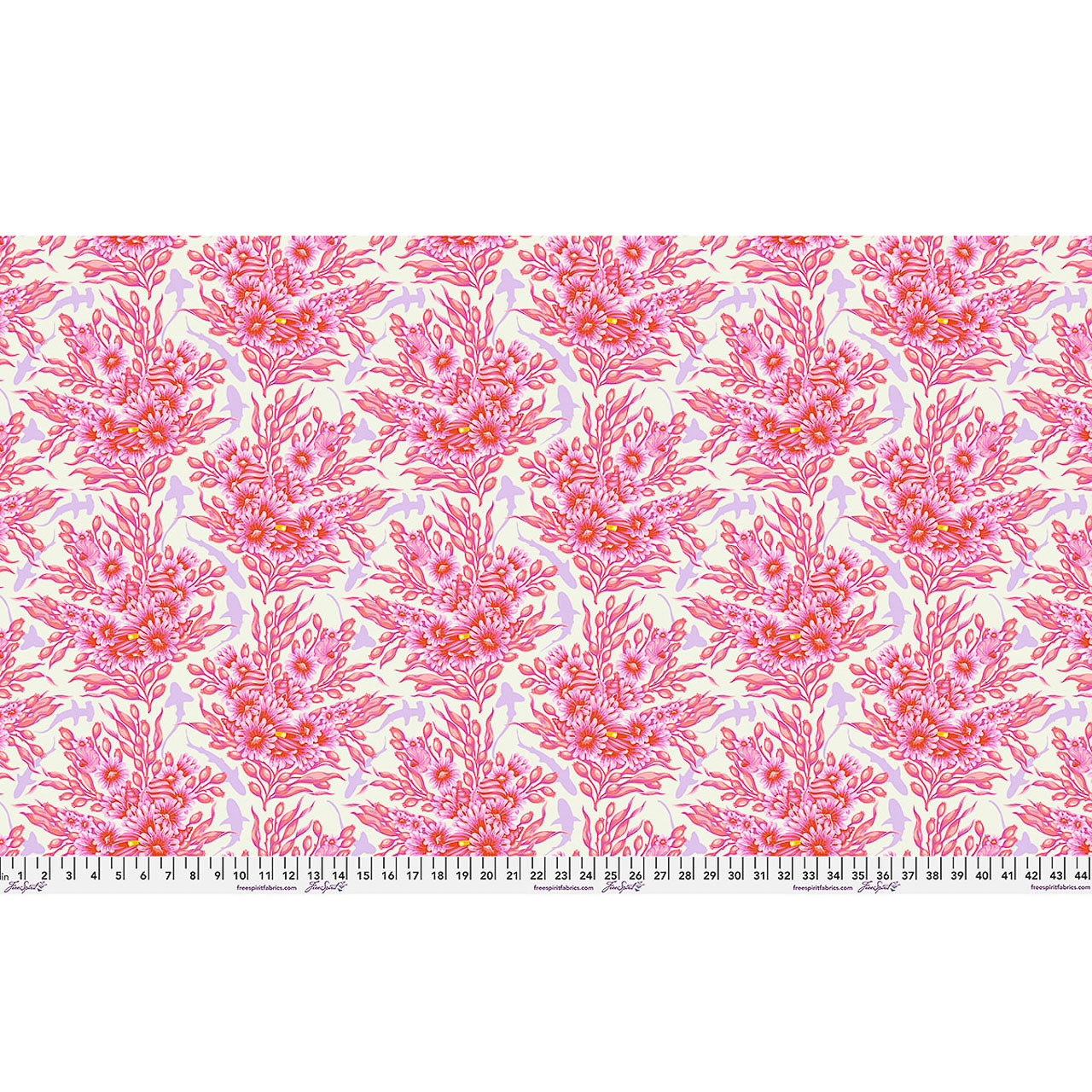 Full Width view of Free Spirit Floral Reef Shadow Sharks Delphine fabric featuring pink coral reef florals and hidden lavender shark silhouettes.