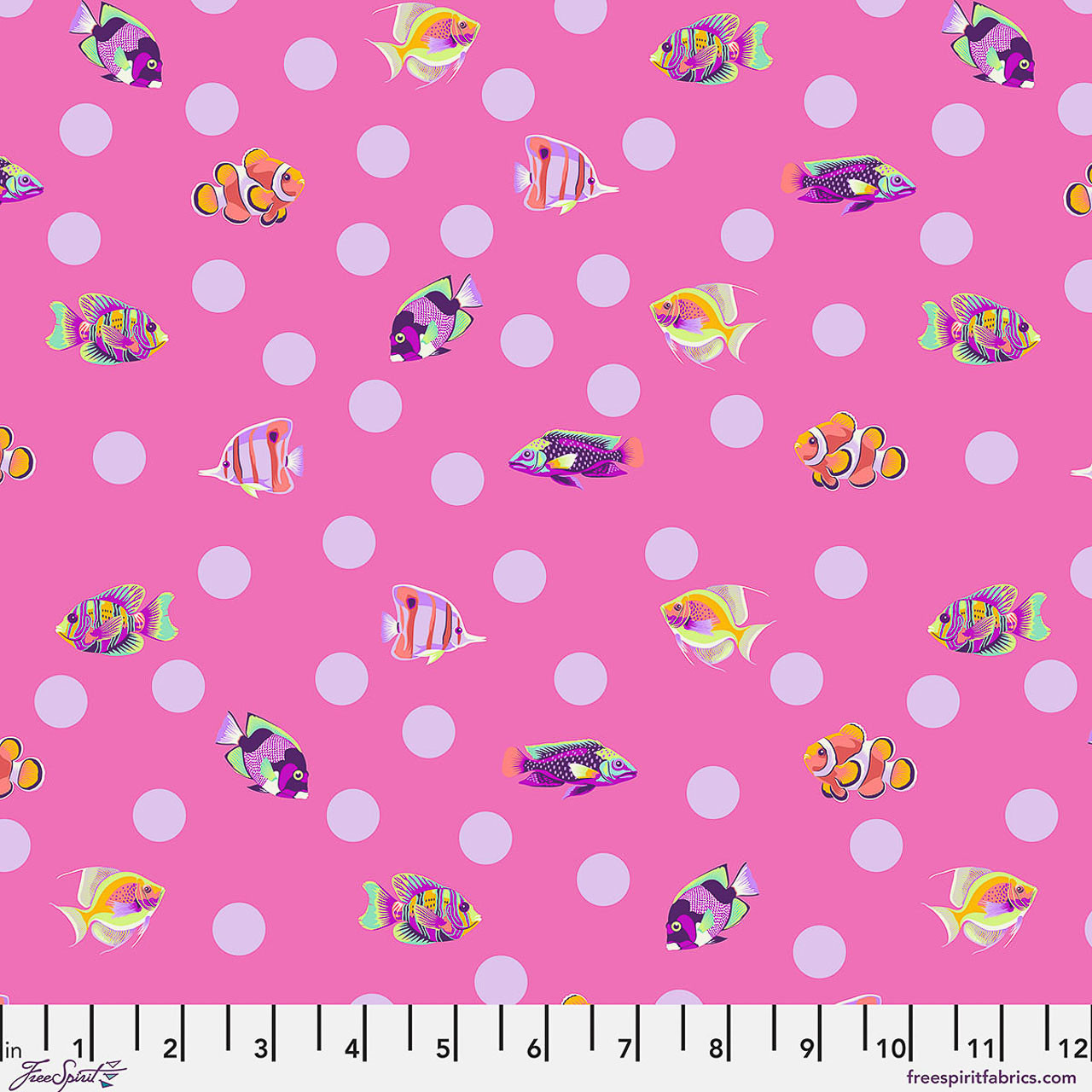 Free Spirit Floral Reef School Crossing Delphine fabric featuring colourful tropical fish on a bright pink polka dot background.