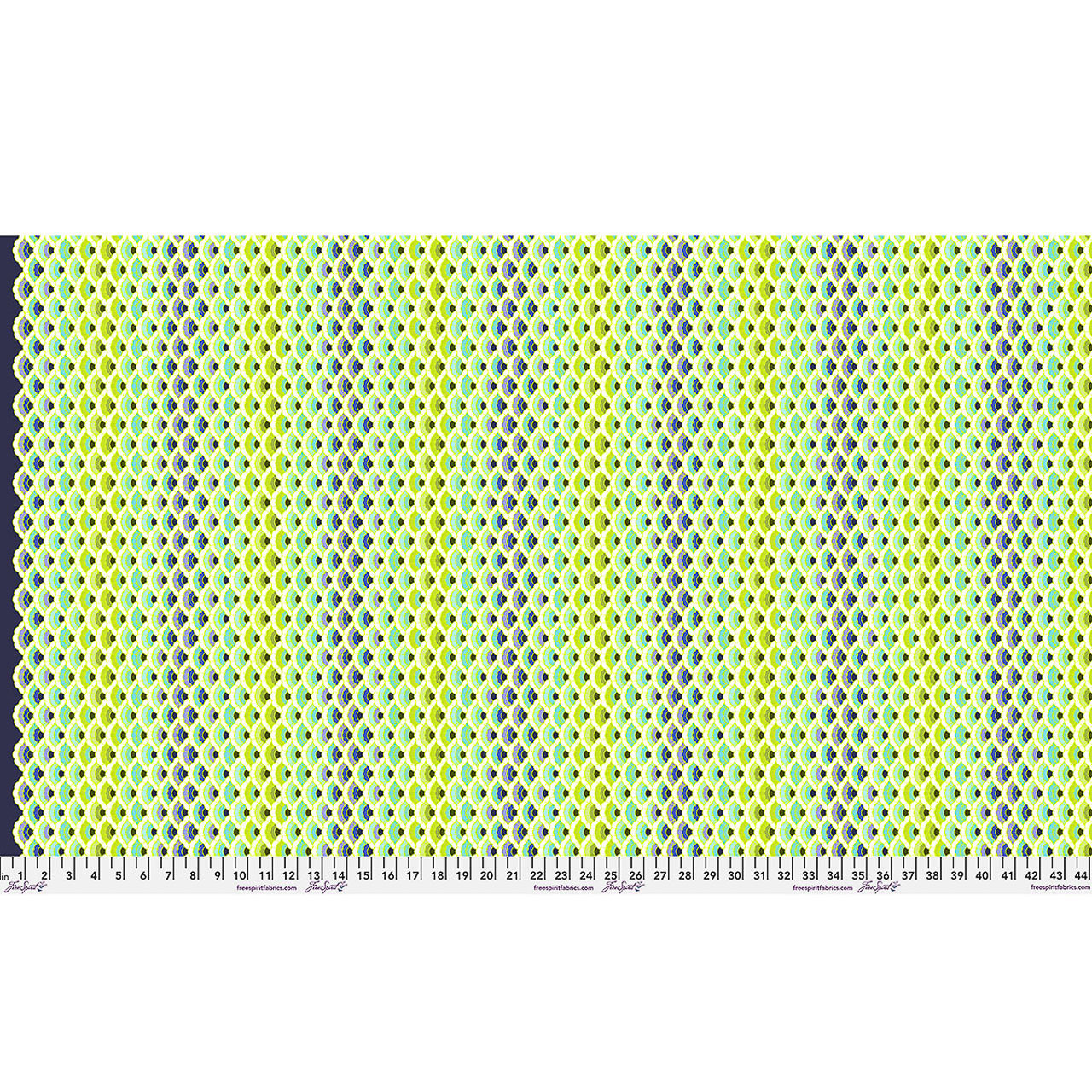 Full Width view of Free Spirit Floral Reef Aquatic Lace Marine fabric featuring layered scallop and fish scale motifs in marine blue, aqua, lime, and navy.