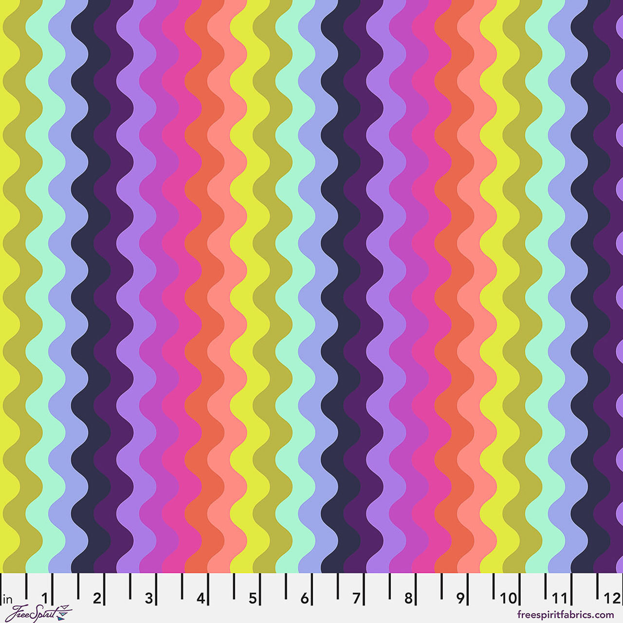 Free Spirit Floral Reef Smooth Sailing DeepDive fabric featuring colourful wavy stripe patterns in pink, aqua, lime, navy, coral, and violet.