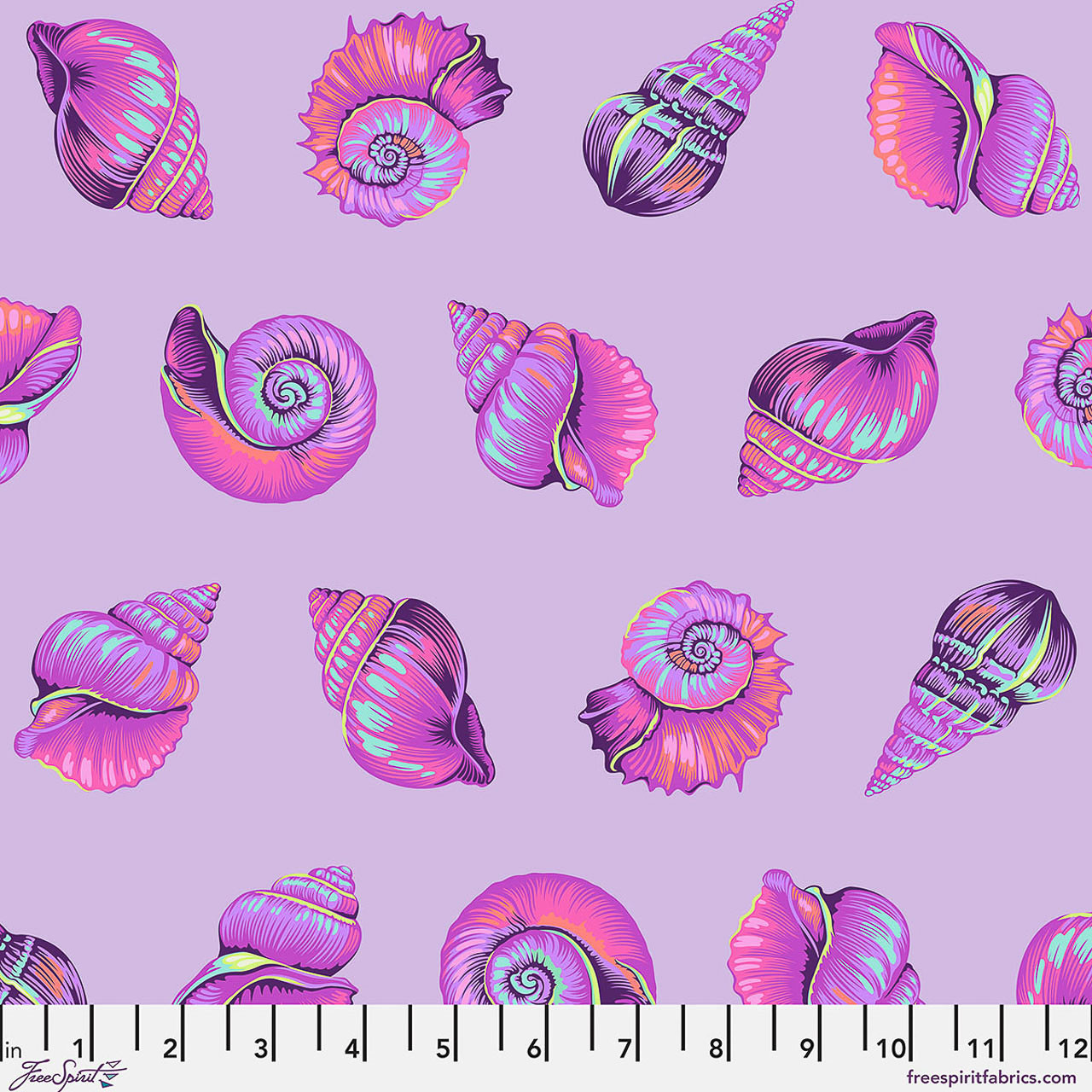 Free Spirit Floral Reef Lil Shelly Ultraviolet fabric featuring colourful tropical shell motifs on a soft ultraviolet lavender background.