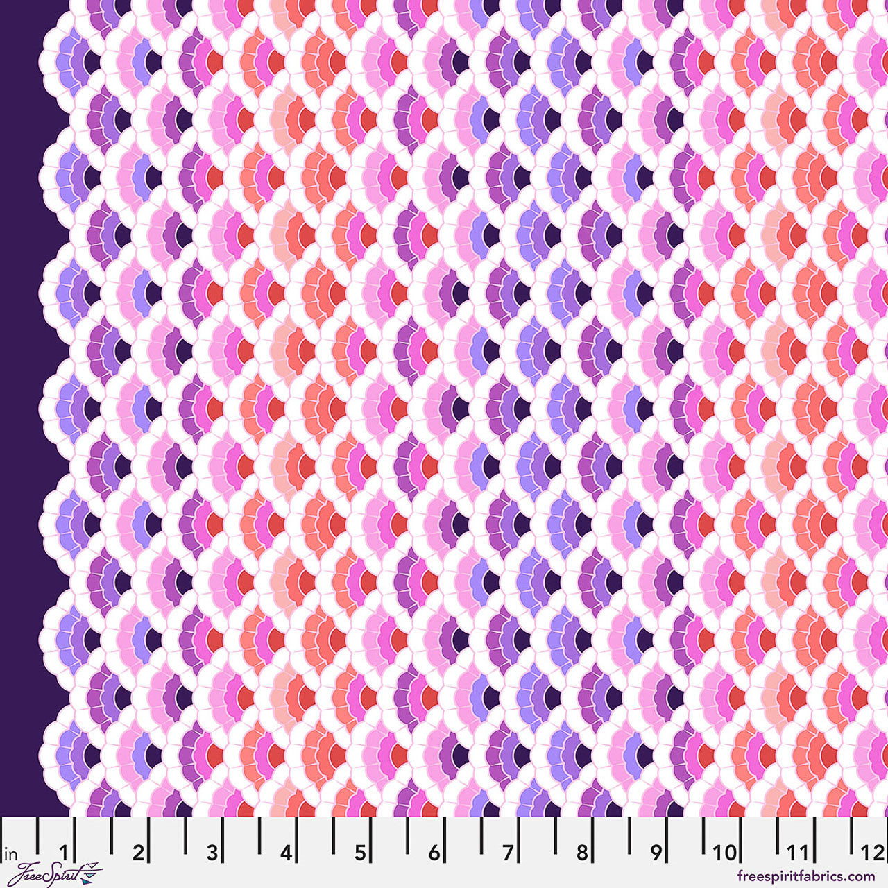 Free Spirit Floral Reef Aquatic Lace Ultraviolet fabric featuring layered scallop and fish scale motifs in violet, pink, coral, and lavender tones.