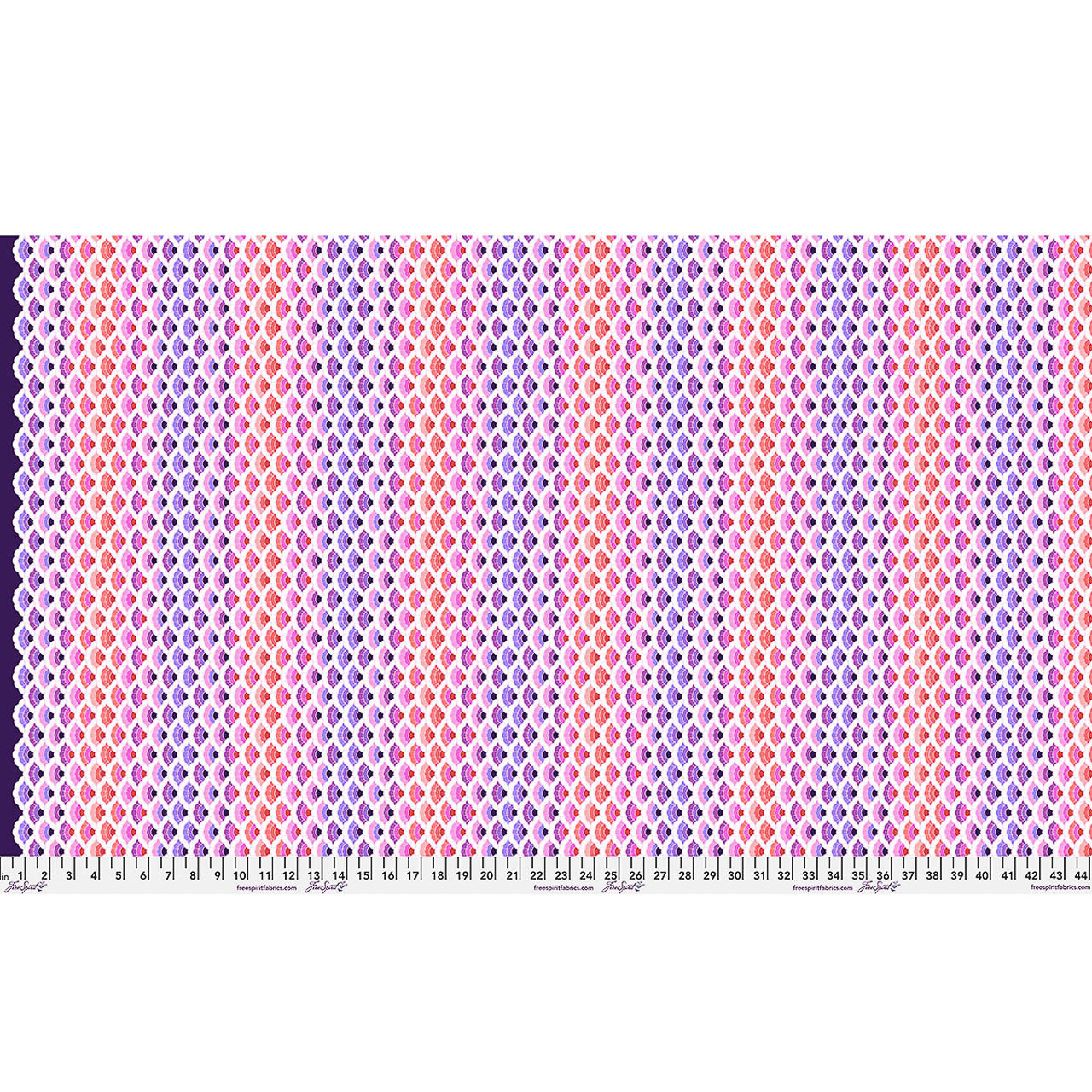 Full Width view of Free Spirit Floral Reef Aquatic Lace Ultraviolet fabric featuring layered scallop and fish scale motifs in violet, pink, coral, and lavender tones.