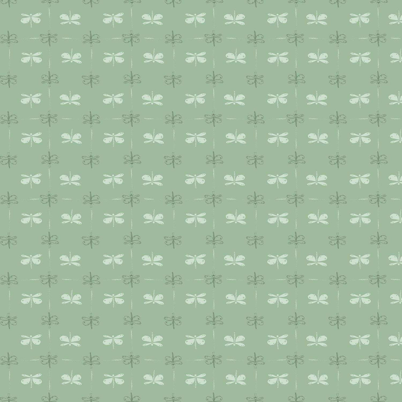 Close-up of Dragonfly Daze Spring fabric from Andover Fabrics’ Meadow Walk collection, featuring softly illustrated dragonflies and clover motifs on a muted green background.
