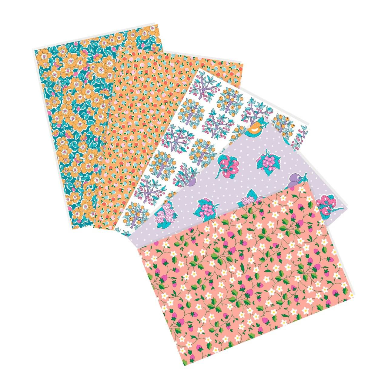 Liberty Gifts From The Garden Marmalade Market fat quarter bundle featuring orange, lavender and floral fruit themed quilting cotton fabrics
