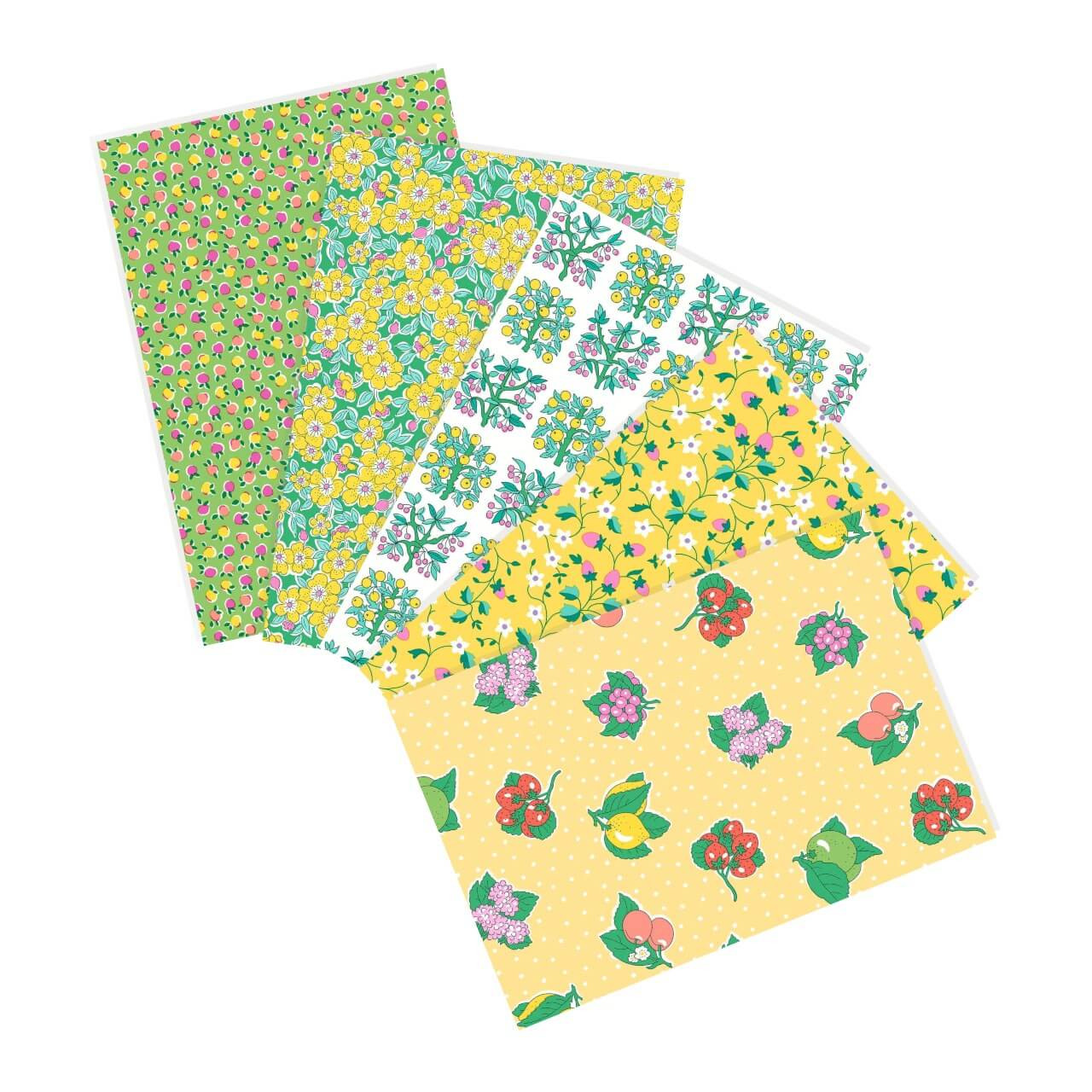 Liberty Gifts From The Garden Lemonade Stand fat quarter bundle featuring yellow floral, fruit and orchard themed quilting cotton fabrics