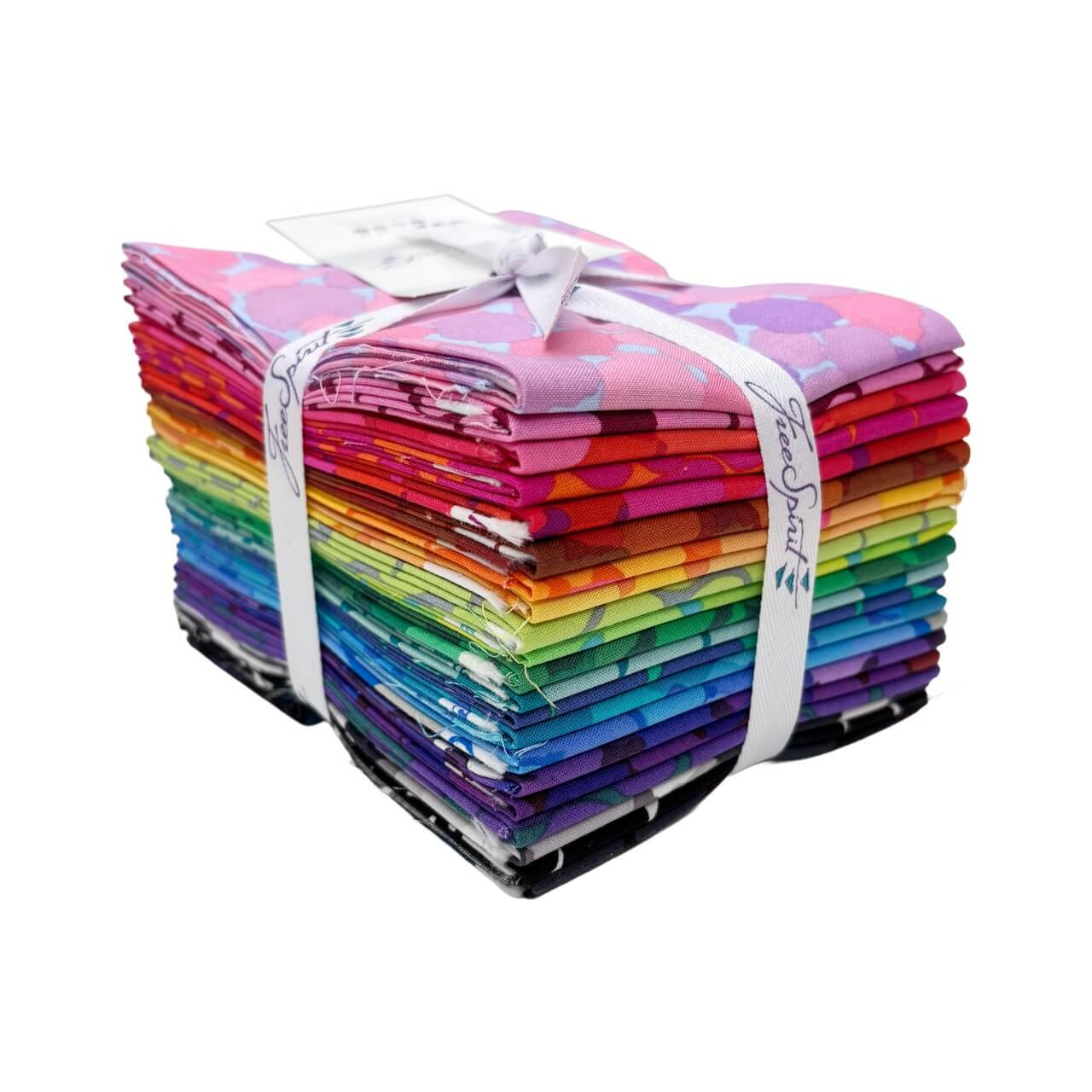 Stack of Saturday Stash Lots-a-Dots fat quarters by Brandon Mably for Free Spirit Fabrics featuring bright rainbow dot print quilting fabrics