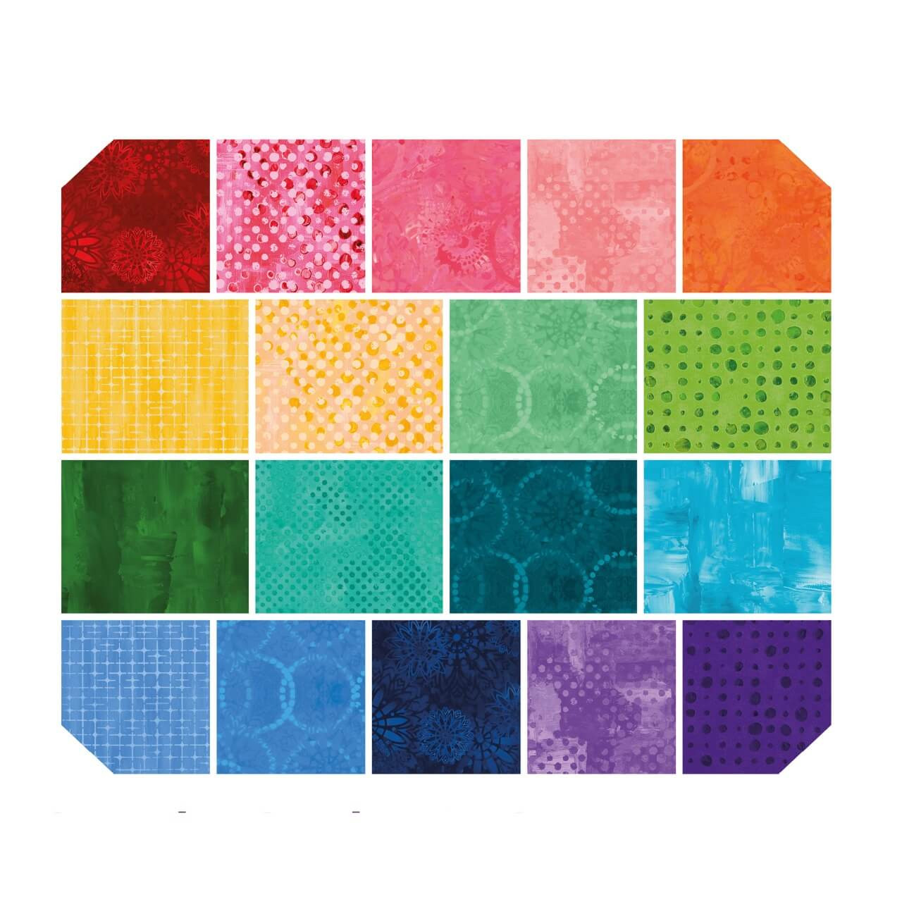Stack of Saturday Stash Textures fat quarters by Sue Penn for Free Spirit Fabrics featuring vibrant mixed-media inspired quilting fabrics