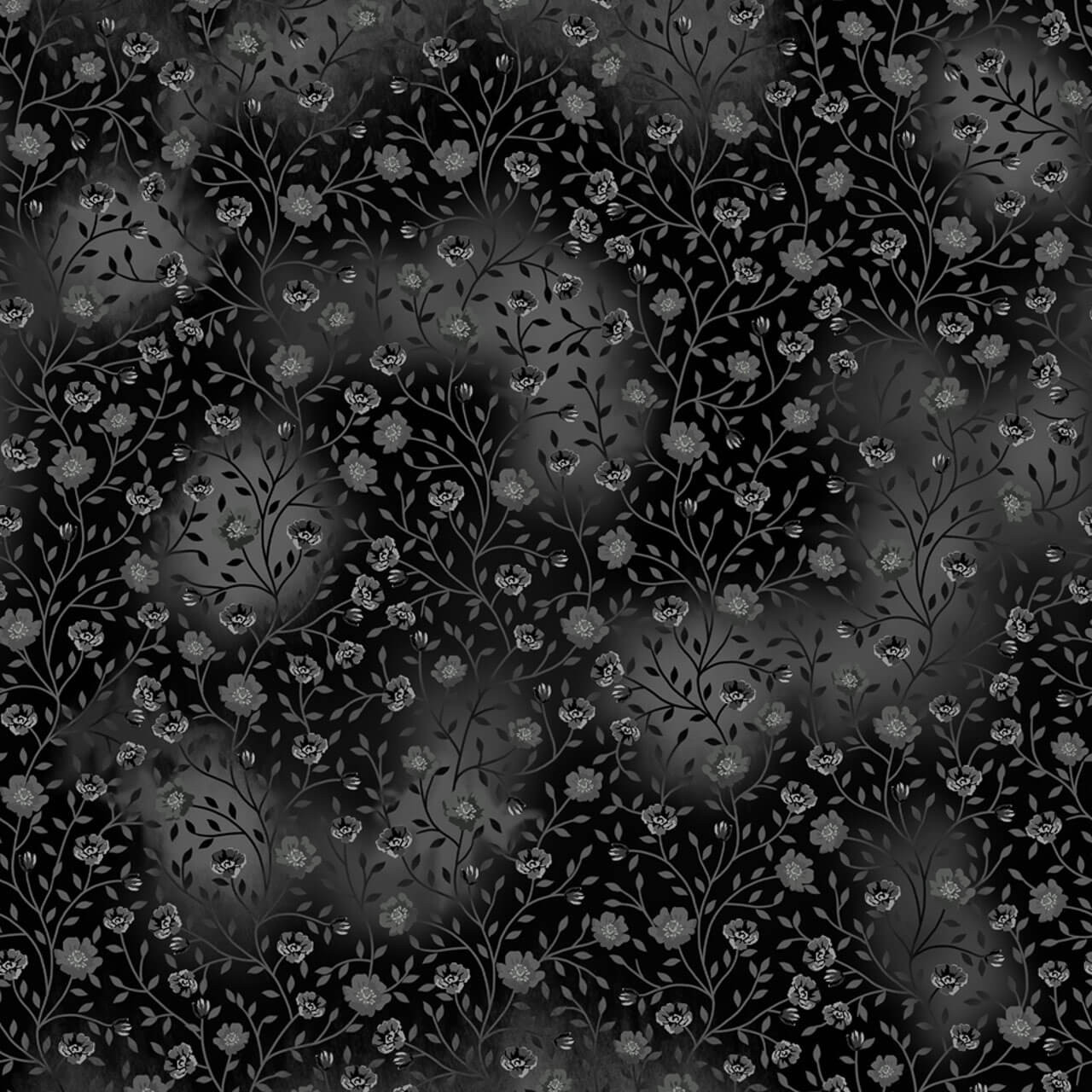 Fin Fabrics Bloom & Blend Collection Black fabric with black background, grey floral vines, botanical blossoms and delicate leafy stems