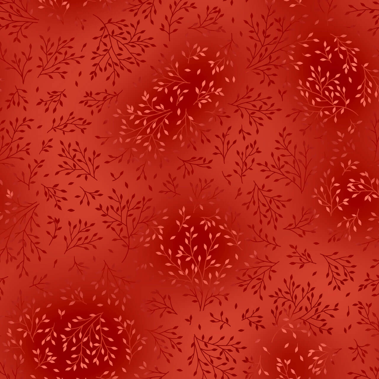 Fin Fabrics Bloom & Blend Collection Red fabric with rich red background, tonal leaf branches and botanical foliage design