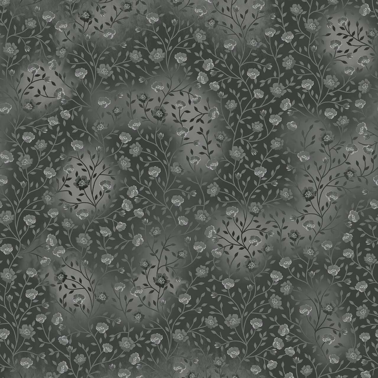 Fin Fabrics Bloom & Blend Collection Dark Gray fabric with charcoal grey background, delicate floral vines, botanical blossoms and leafy stems