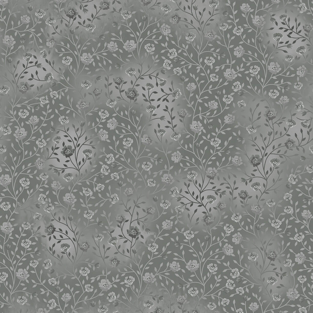 Fin Fabrics Bloom & Blend Collection Gray fabric with soft grey background, delicate floral vines, blossoms, buds and botanical stems