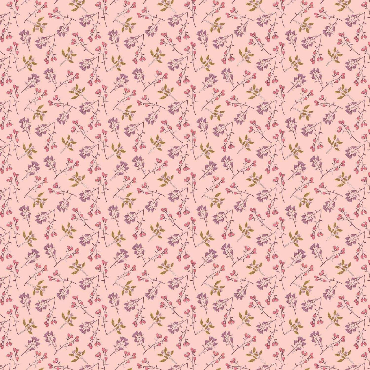 Close-up of Bloom Burst Blush fabric from Andover Fabrics’ Meadow Walk collection, featuring delicate pink and purple wildflowers on a soft blush background.