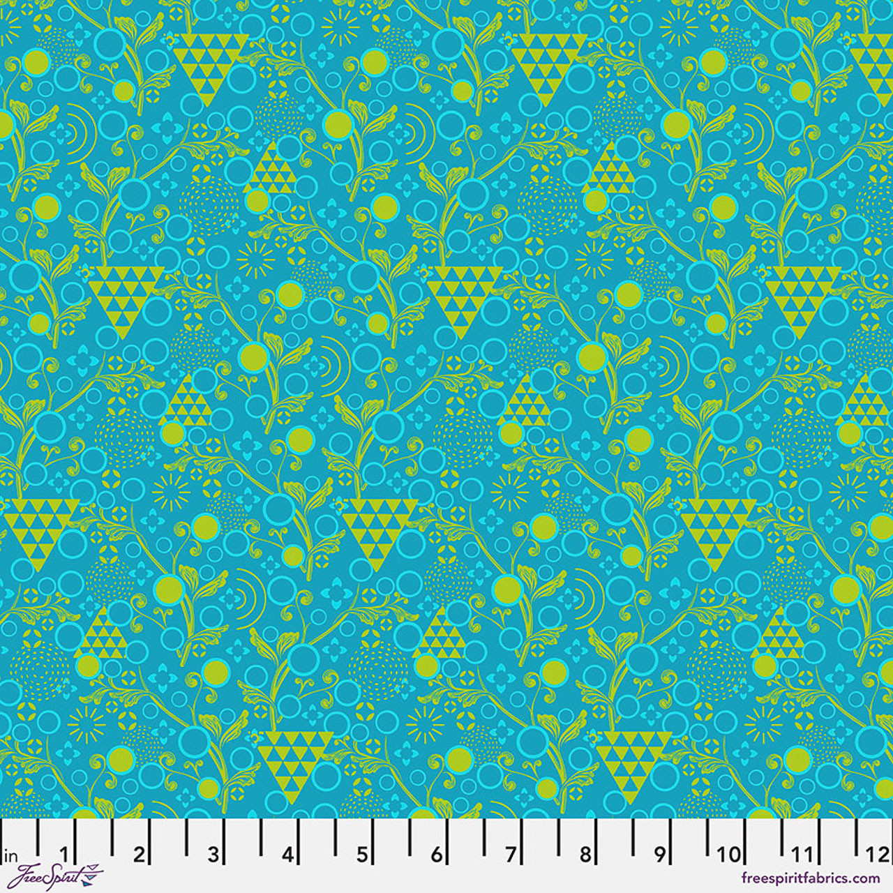 Free Spirit Pop Cloth Dance - Soul fabric featuring turquoise blue background with lime geometric shapes, florals and circular motifs