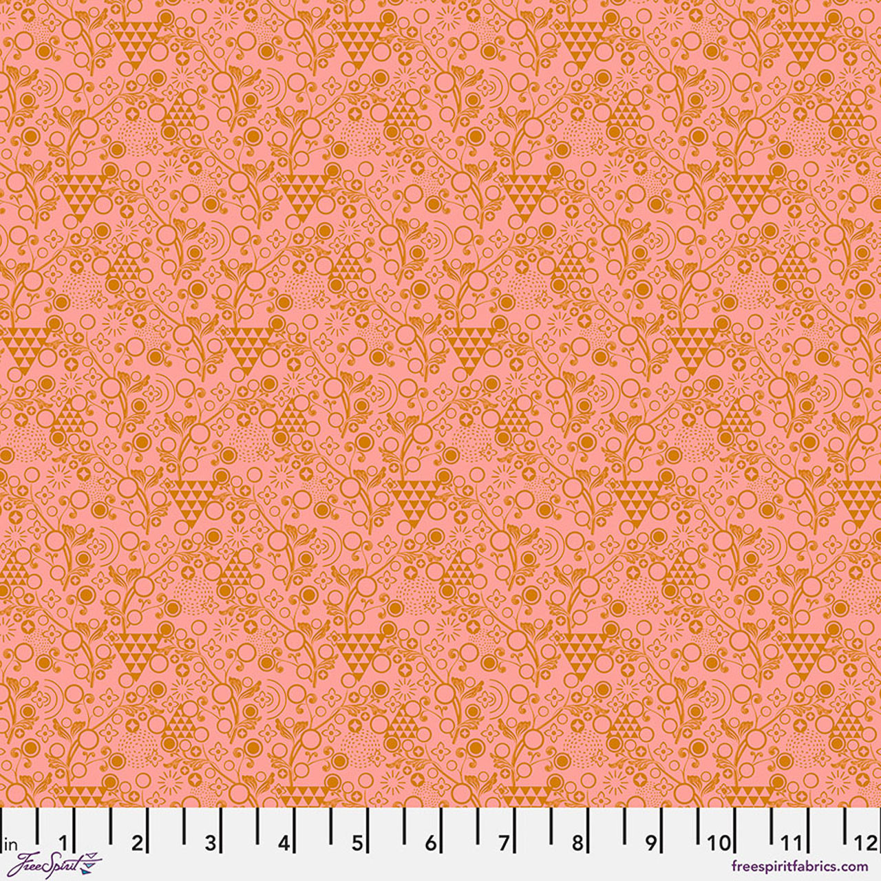 Free Spirit Pop Cloth Dance - Love fabric featuring pink background with coral geometric shapes, florals, circles and decorative motifs