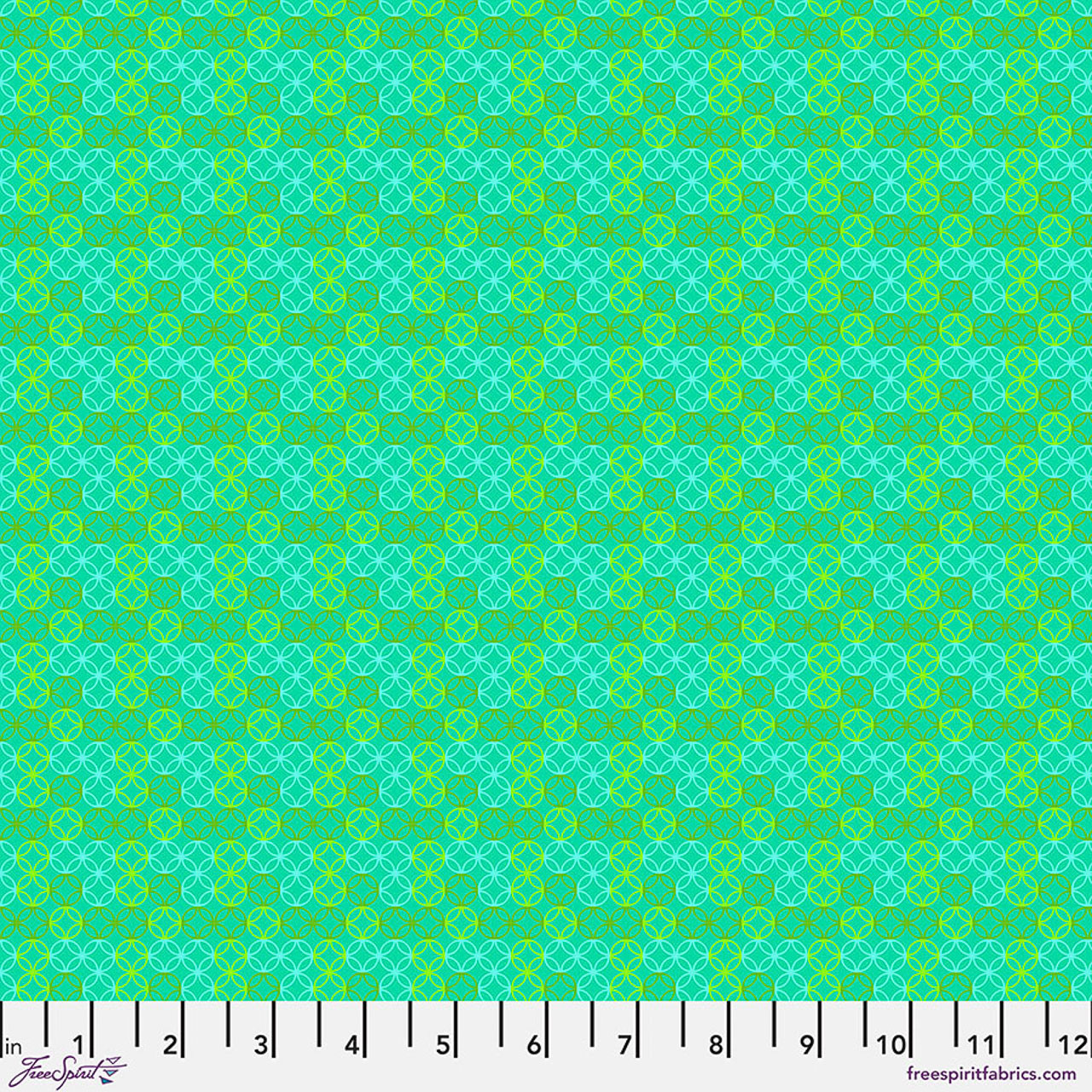 Free Spirit Pop Cloth Hop - Soul fabric featuring aqua turquoise background with lime and mint interlocking circular ring motifs