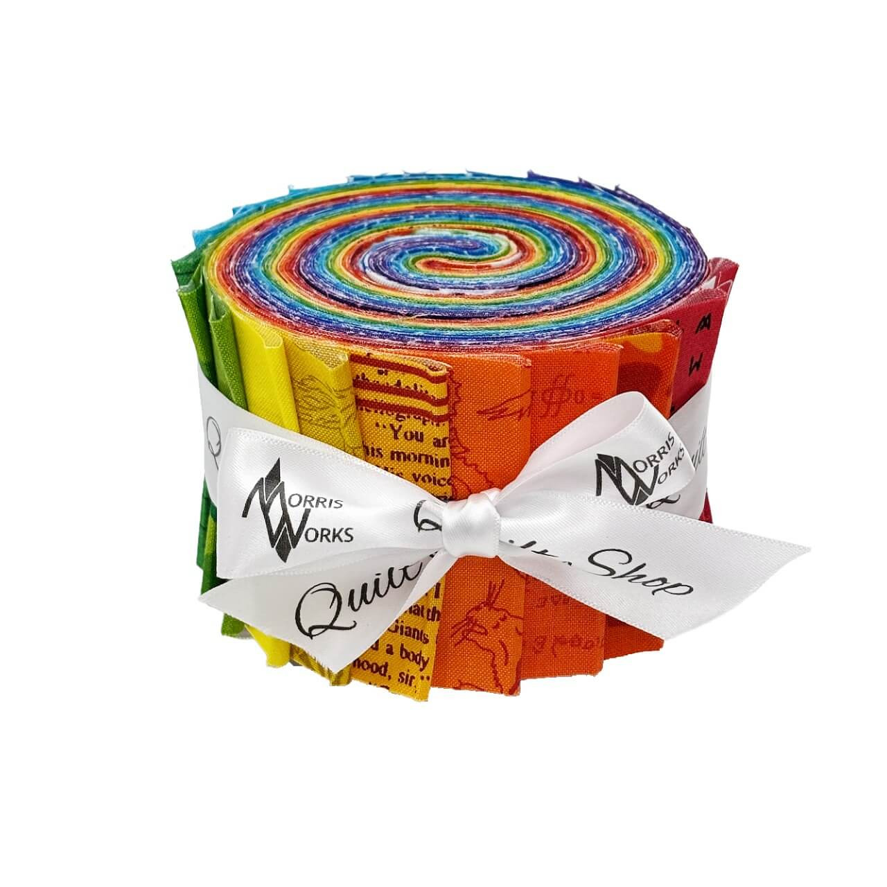 Rainbow Burst Strip Roll by Andover Fabrics featuring 21 colourful 2.5 inch fabric strips arranged in a rainbow spectrum and tied with a Morris Works ribbon.