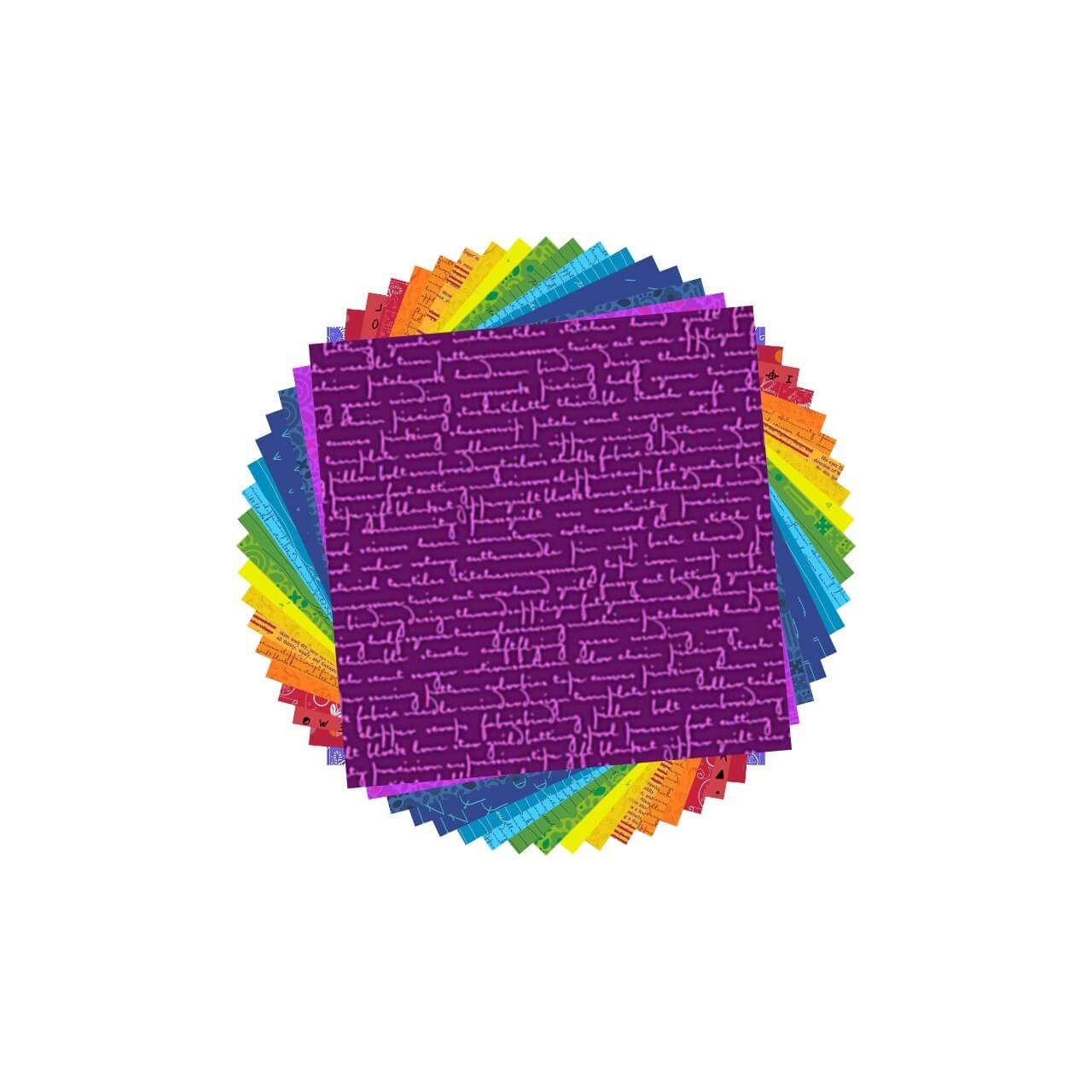 Rainbow Burst 5" Charm Squares by Andover Fabrics featuring 42 colourful pre-cut fabric squares arranged in a rainbow spectrum.