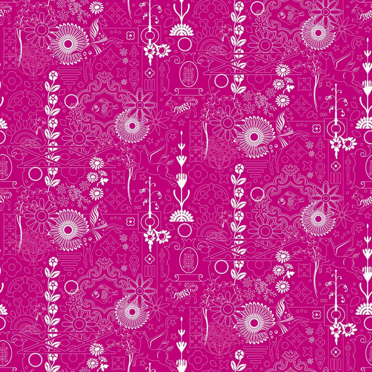 Cameo Pomegranate fabric from the Sunprints 2025 Collection by Alison Glass, featuring ornate white linework designs on a rich pomegranate pink background.