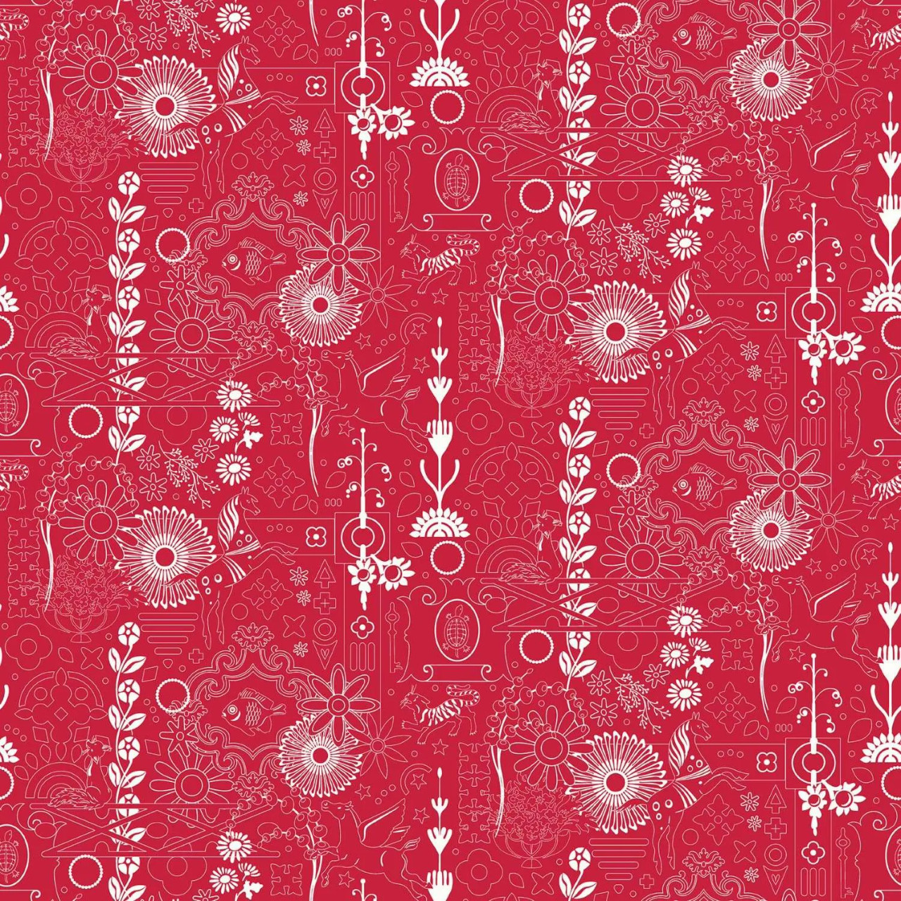 Cameo Cardinal fabric from the Sunprints 2025 Collection by Alison Glass, featuring ornate white linework designs on a striking cardinal red background.
