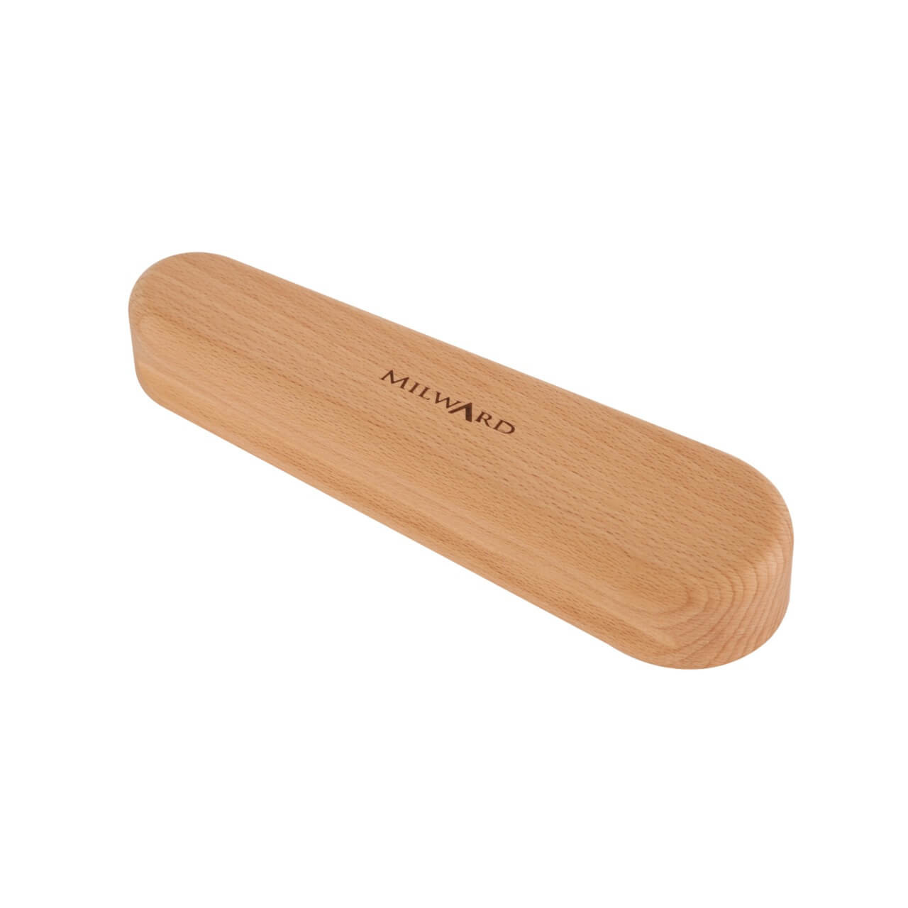 Top view of the Milward Medium Tailor's Clapper, highlighting its smooth, rounded beech wood shape and the Milward branding.