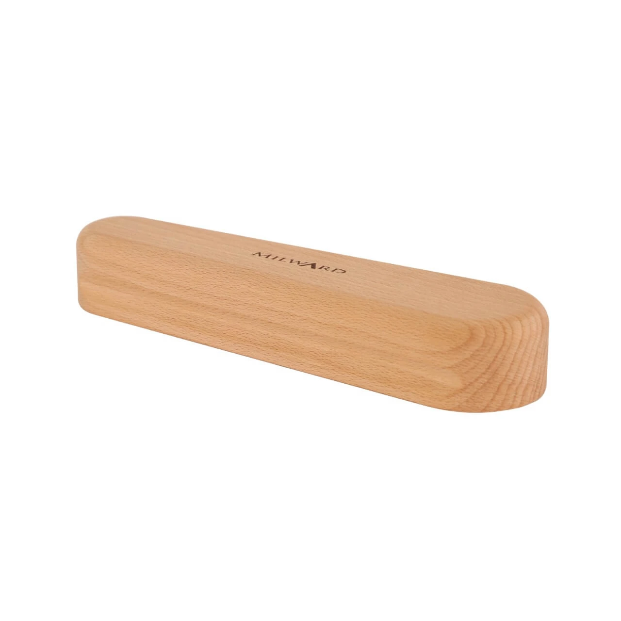 Side view of the Milward Medium Tailor's Clapper, showing its smooth, rounded profile and beech wood surface.