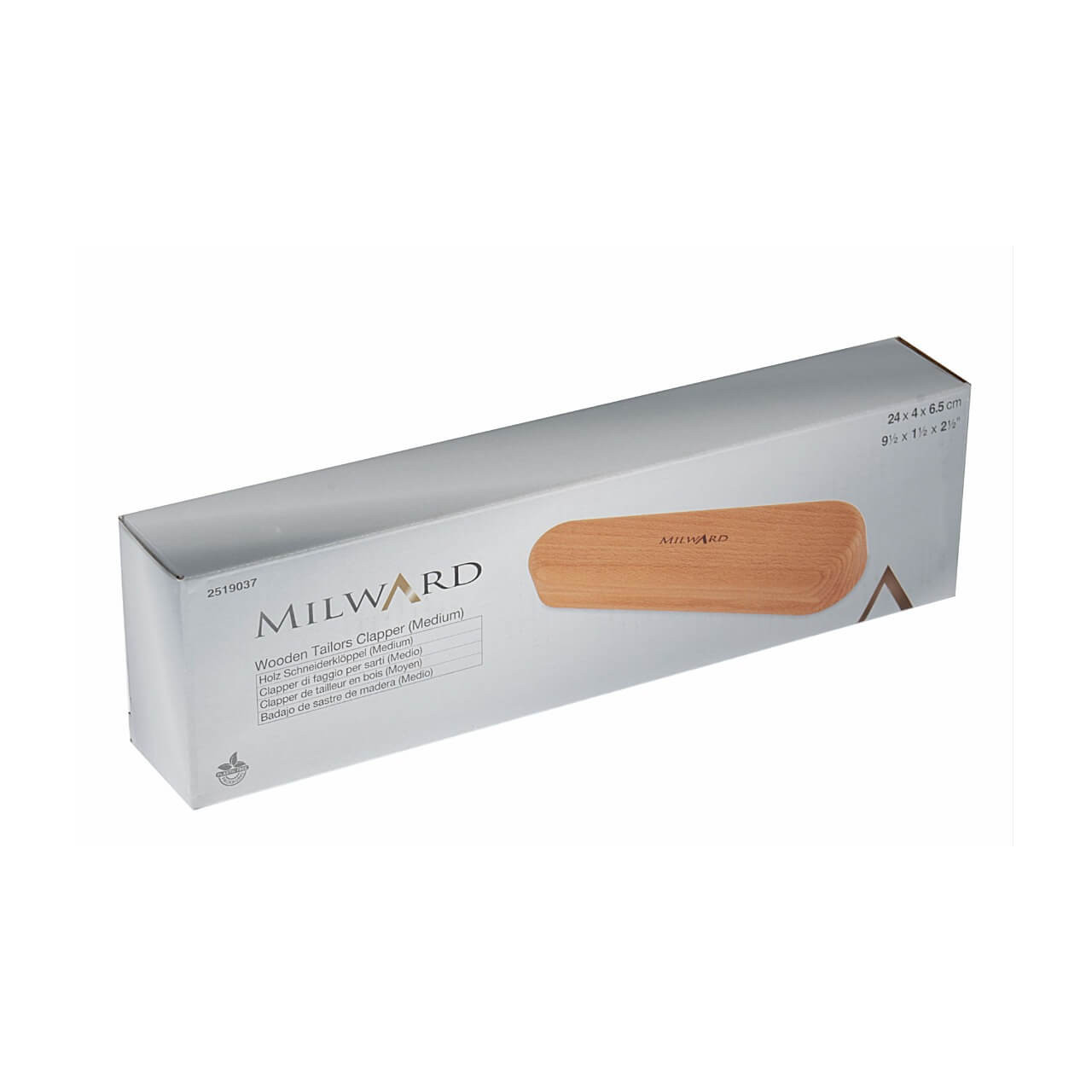 Packaging of the Milward Medium Tailor's Clapper, displaying product details and specifications.