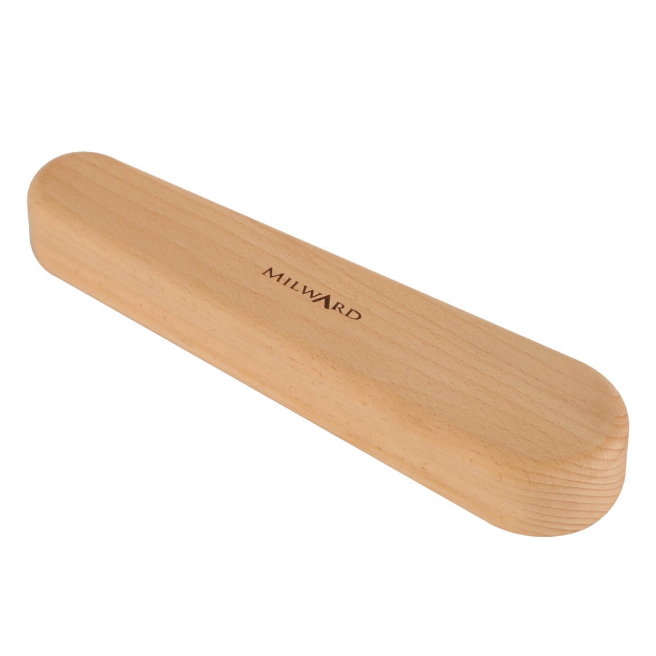 Top view of the Milward Large Tailor's Clapper, highlighting its smooth, rounded beech wood shape and the Milward branding.
