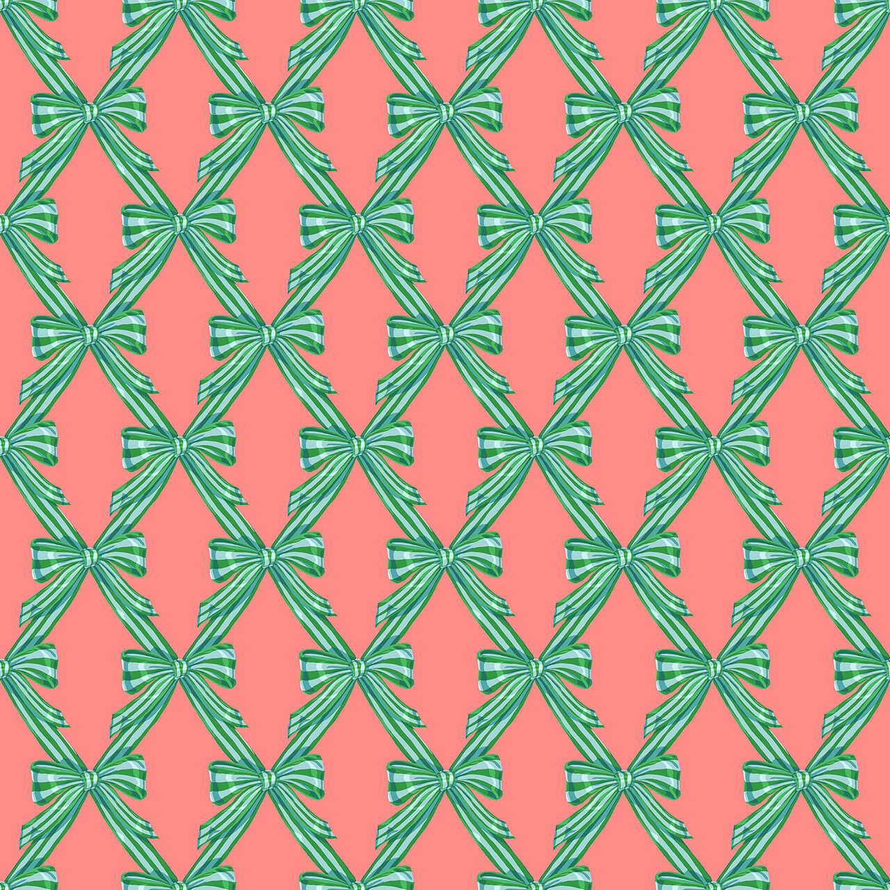 Northcott Cozy Christmas Collection Wrapped Beachy quilting fabric featuring green striped ribbon bows on a coral pink background.