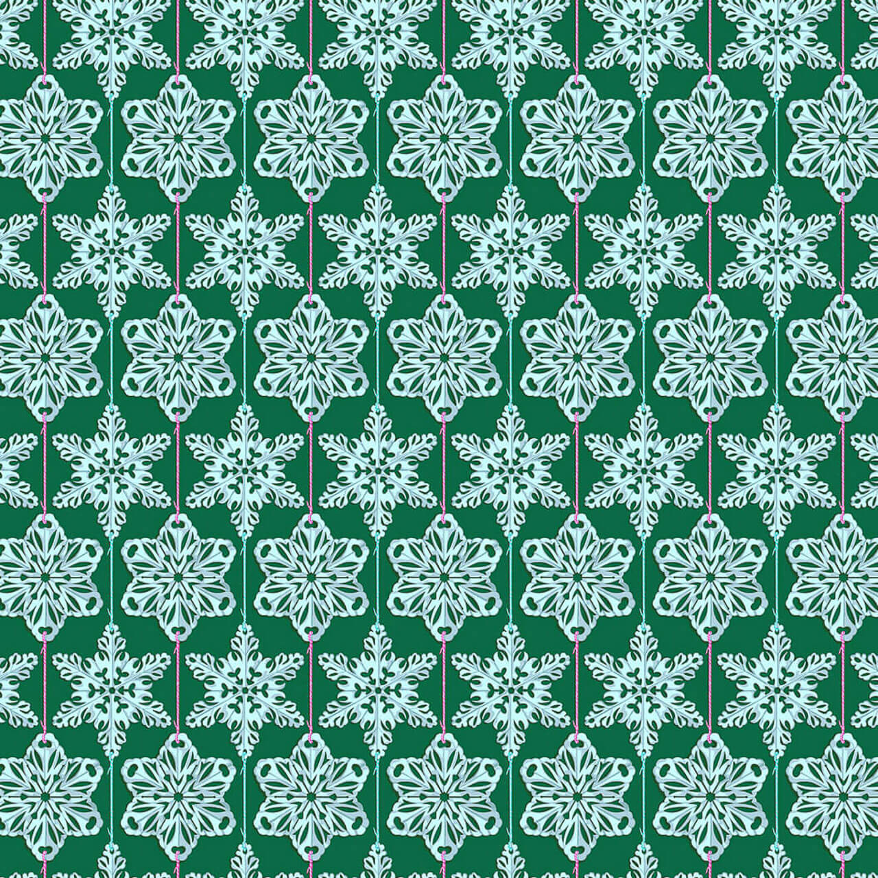Northcott Cozy Christmas Collection Paperflakes Mint quilting fabric featuring white hanging snowflake ornaments on a mint green background.