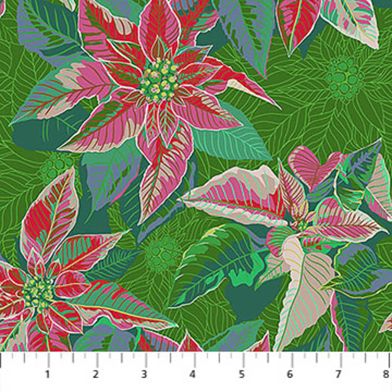 Northcott Cozy Christmas Collection Poinsettia Housewarming quilting fabric with ruler to show scale