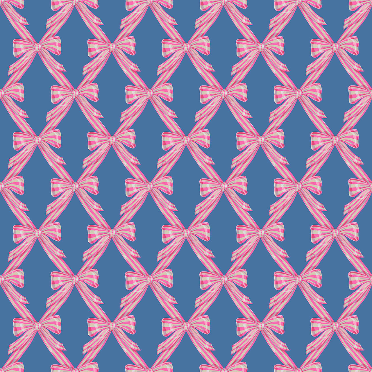 Northcott Cozy Christmas Collection Wrapped Friendly quilting fabric featuring pink striped ribbon bows on a blue background.