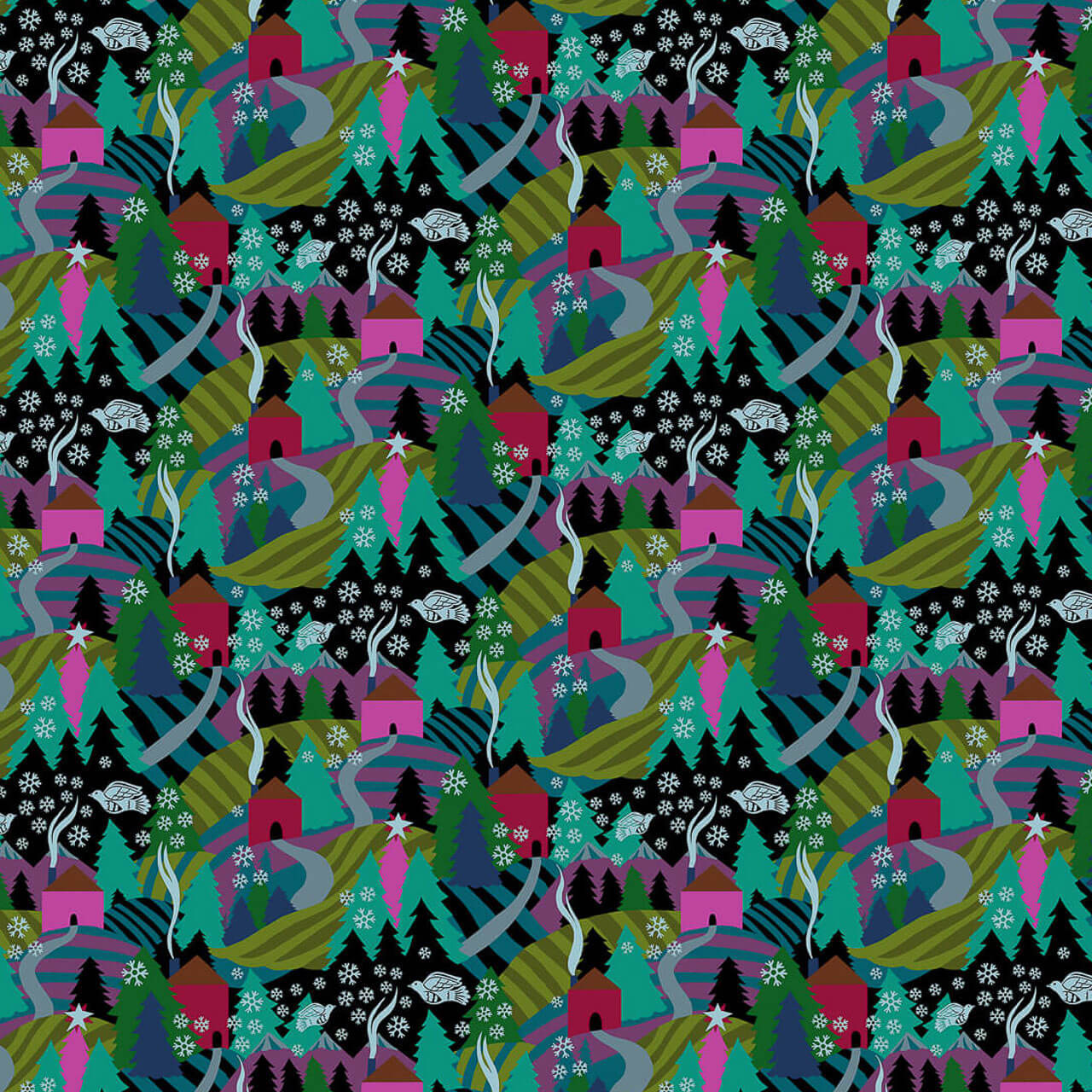 Northcott Cozy Christmas Collection Flurry Midnight quilting fabric featuring colourful winter landscapes, cottages, Christmas trees, woodland birds and snowflakes on a black background.