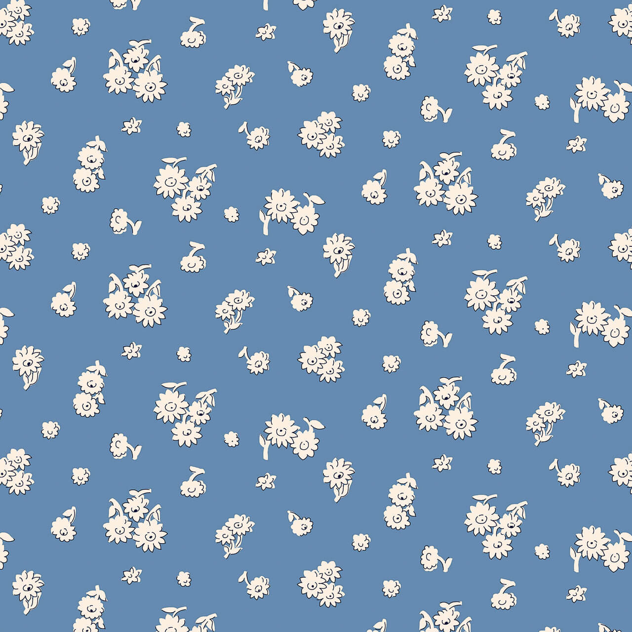 Liberty Everlasting Collection Tumbling Daisy A quilting fabric with ivory daisy flowers on a cornflower blue background.