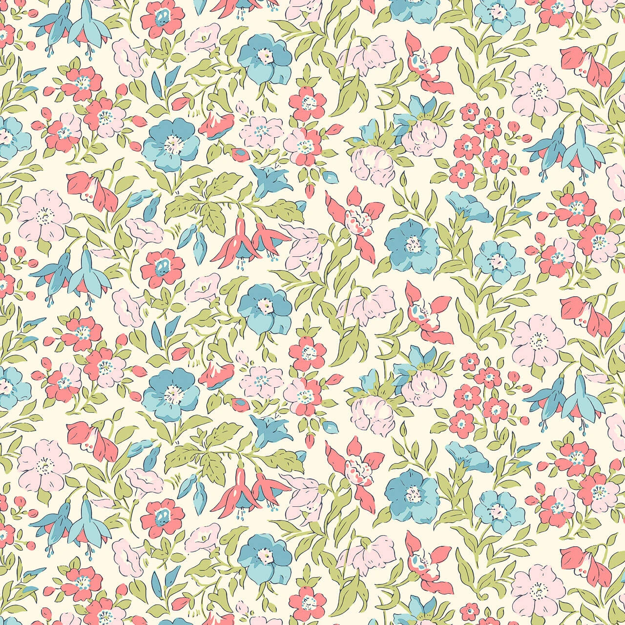 Liberty Everlasting Collection Mamie Flower B quilting fabric featuring blue, coral pink and blush flowers with green foliage on a cream background.