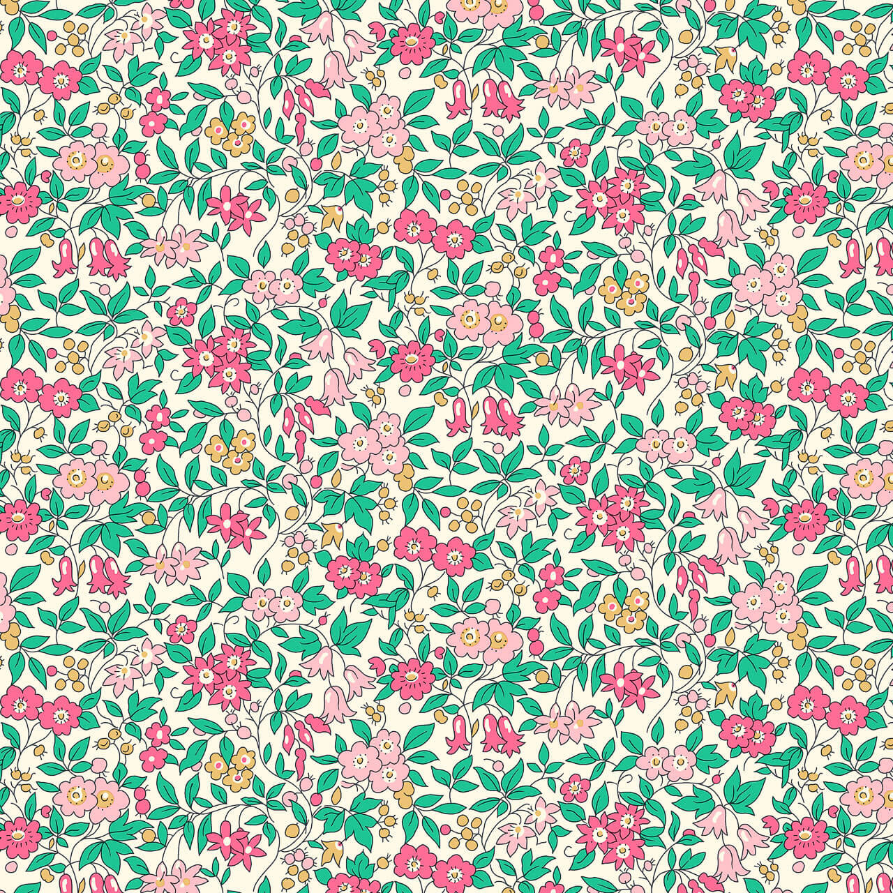 Liberty Everlasting Collection Forget Me Not Blossom B quilting fabric featuring pink and blush flowers with green foliage on a cream background.