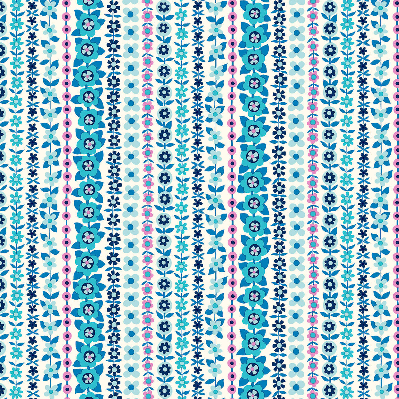 Liberty Everlasting Collection Soho Stripe A quilting fabric featuring blue, turquoise and pink floral stripes on a cream background.