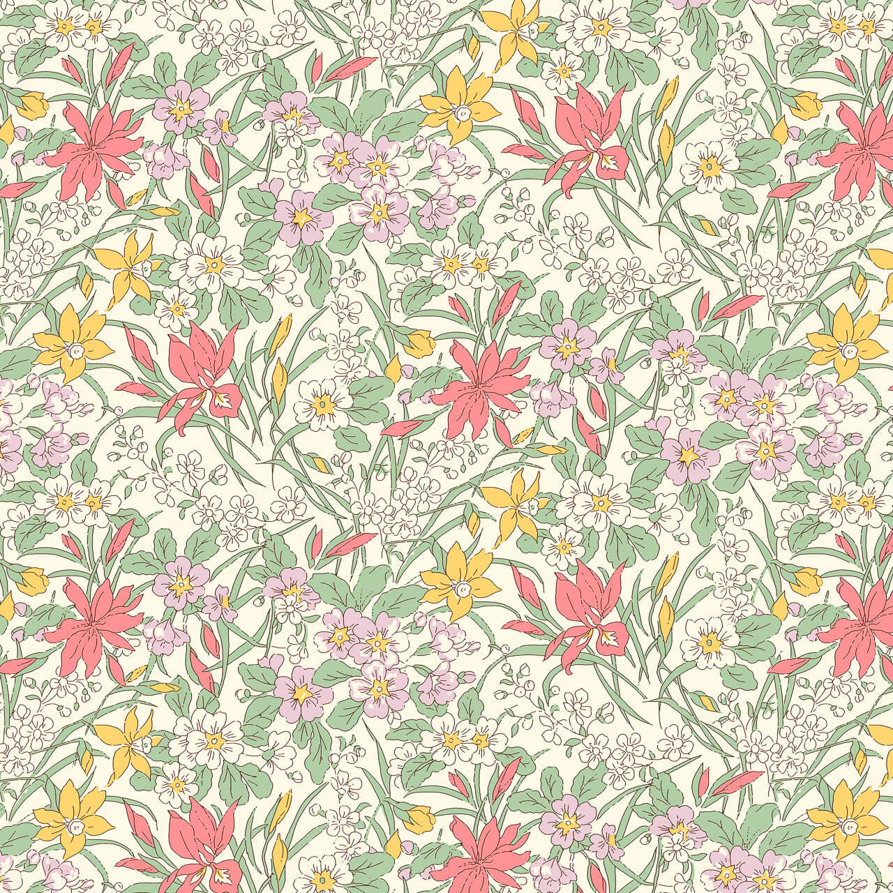 Liberty Everlasting Collection Ricardo B quilting fabric featuring coral pink, yellow and lilac flowers with sage green foliage on a cream background.