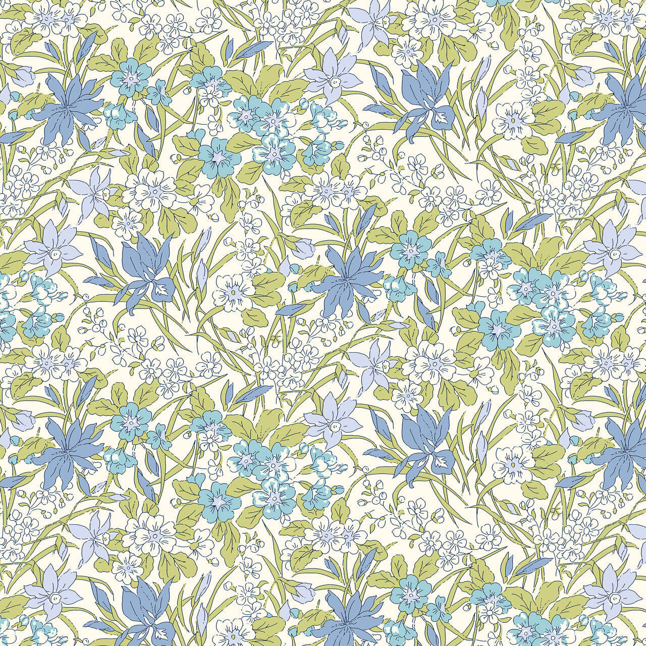 Liberty Everlasting Collection Ricardo A quilting fabric featuring cornflower blue and pale blue flowers with olive-green foliage on a cream background.