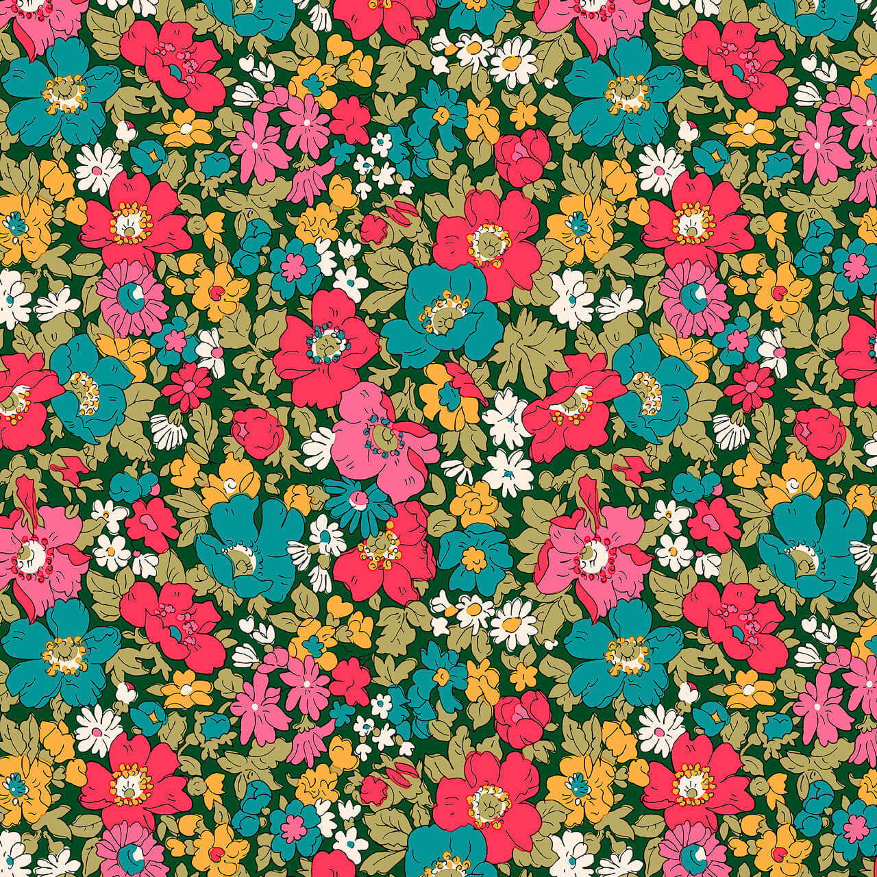 Liberty Everlasting Collection Cosmos Song A quilting fabric featuring coral pink, teal blue, yellow and white flowers with olive-green foliage on a dark green background.